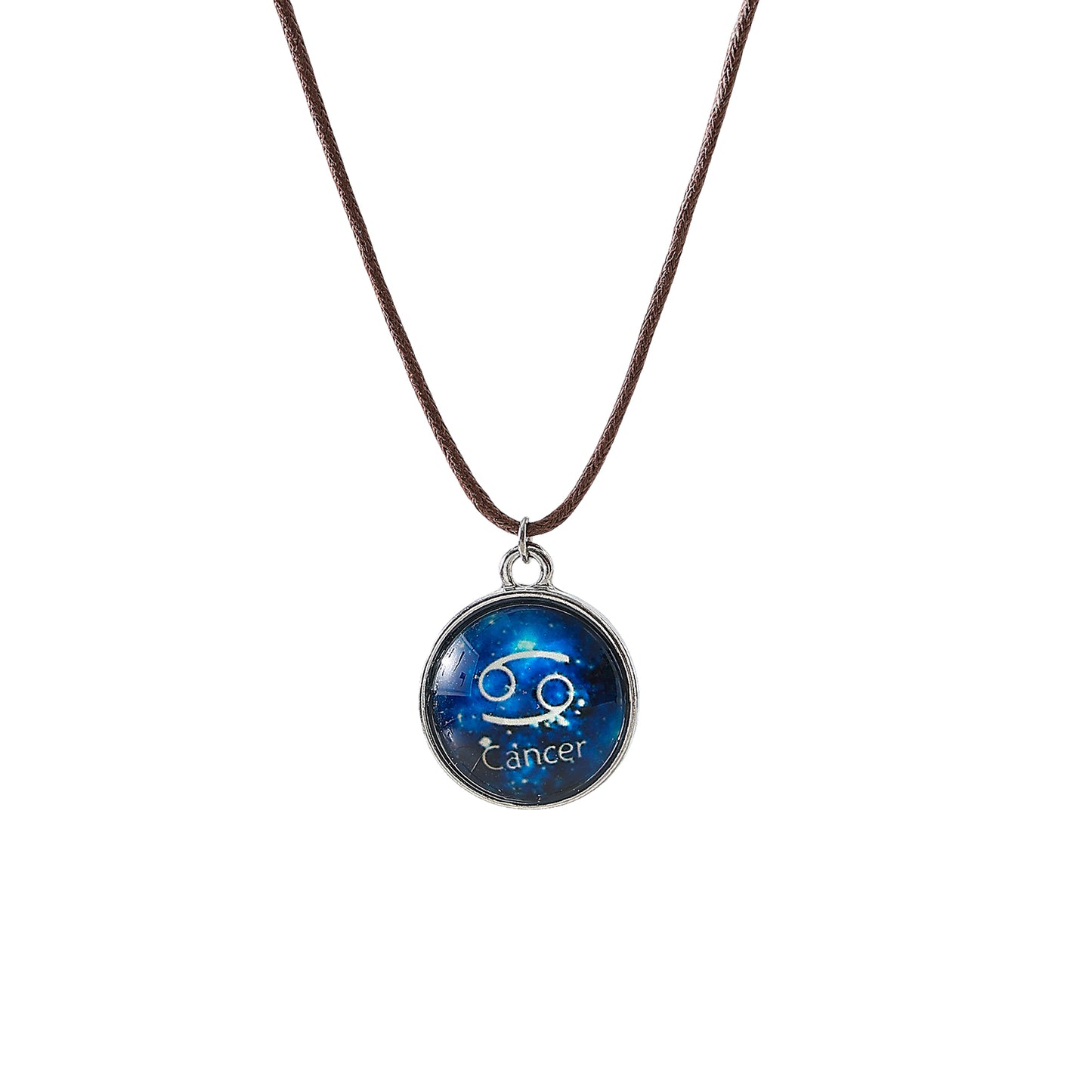 Enchanting Zodiac - Cancer Blue Disk Pendant Necklace on Premium Leather Cord