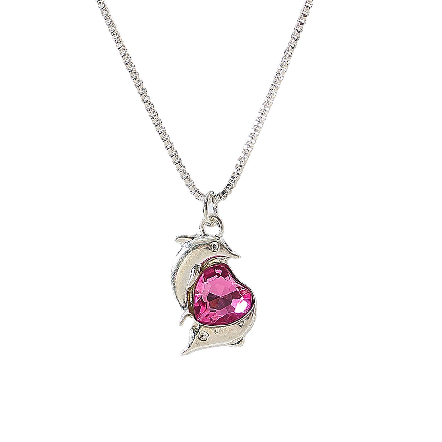 Two Dolphins surrounding Crystal Heart pendant on silvery chain Necklace