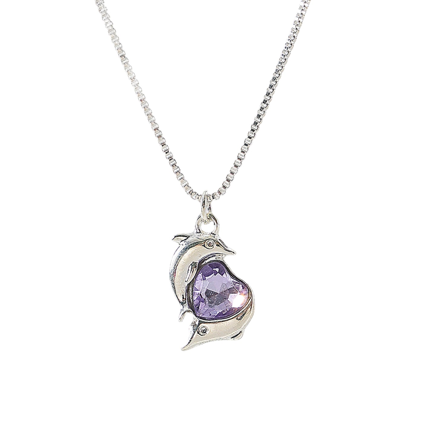 Two Dolphins surrounding Crystal Heart pendant on silvery chain Necklace