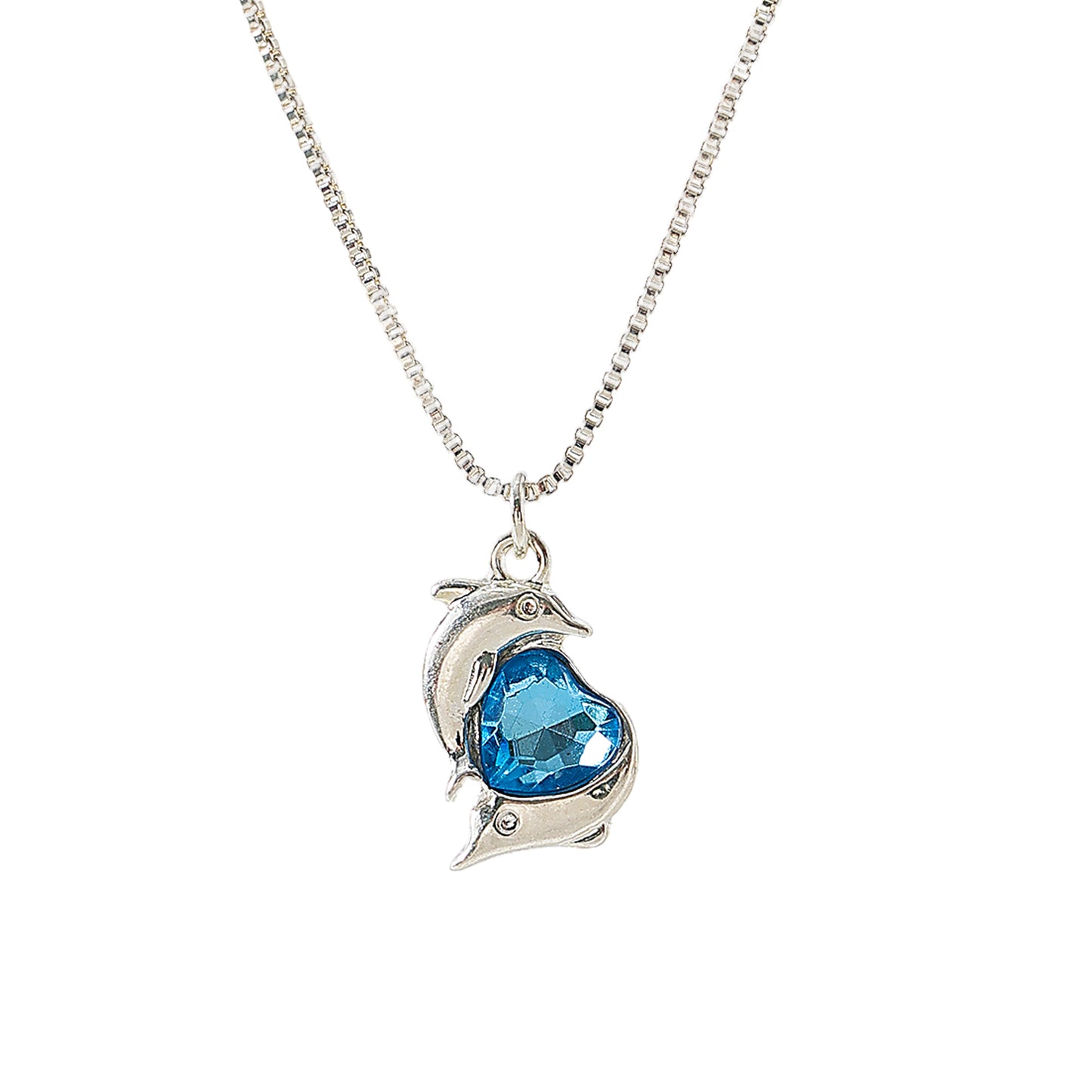 Two Dolphins surrounding Crystal Heart pendant on silvery chain Necklace