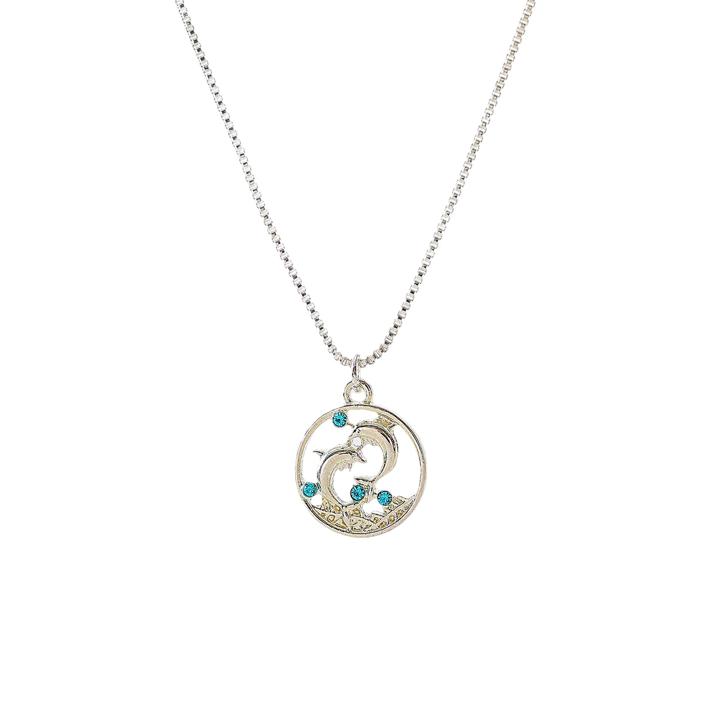 Dolphins on round pendant with blue crystals Necklace