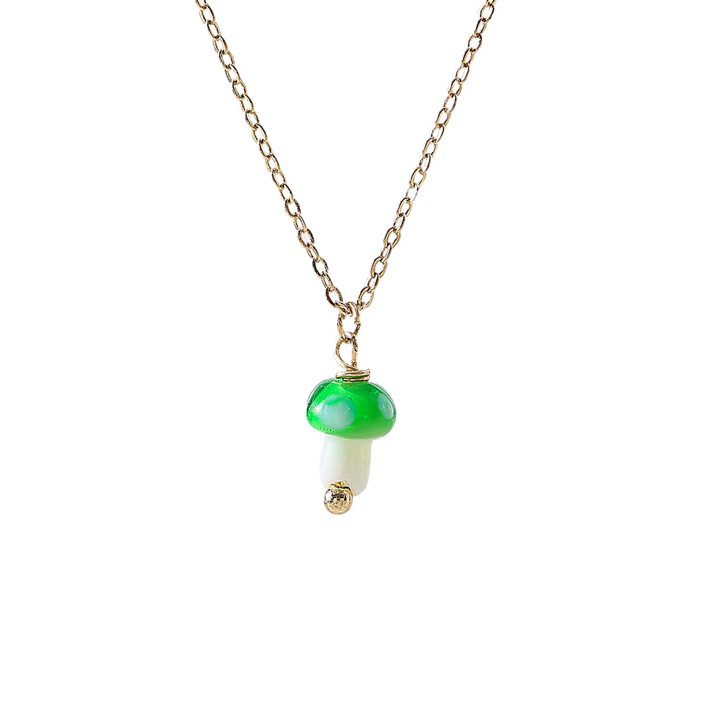 glass Mushroom charm Necklace on a gold chain