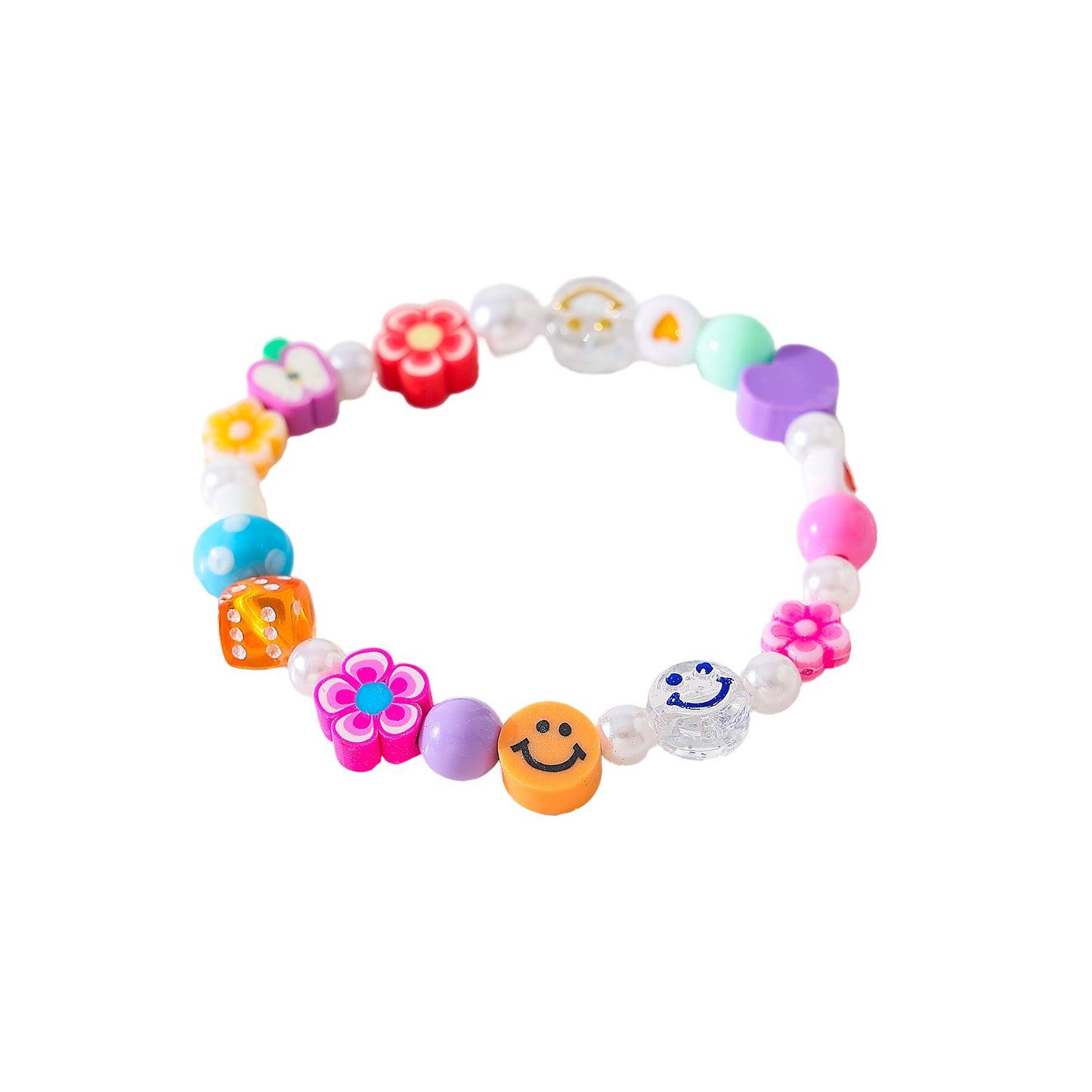 Assorted fimo beads and fake Pearls on elastic bracelet