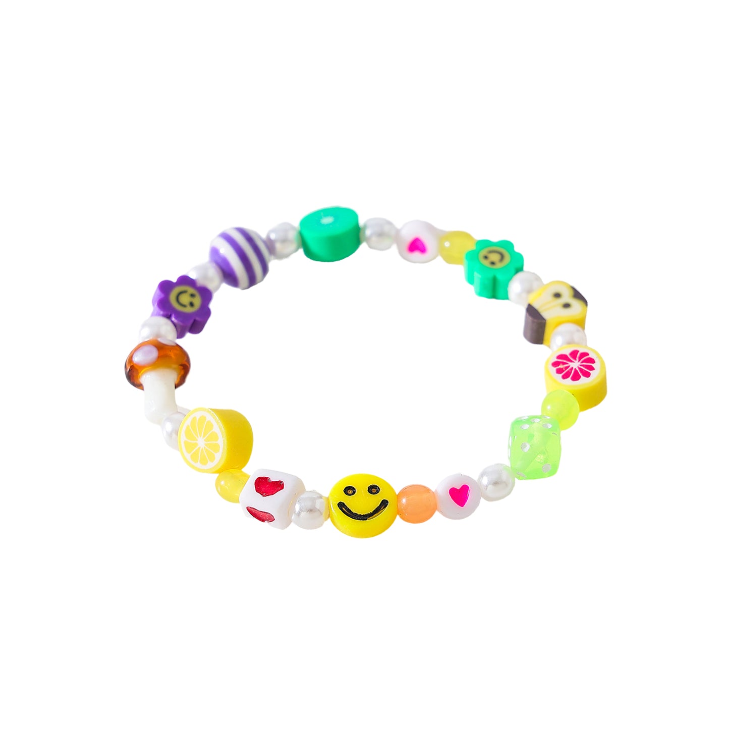 Assorted fimo beads and fake Pearls on elastic bracelet