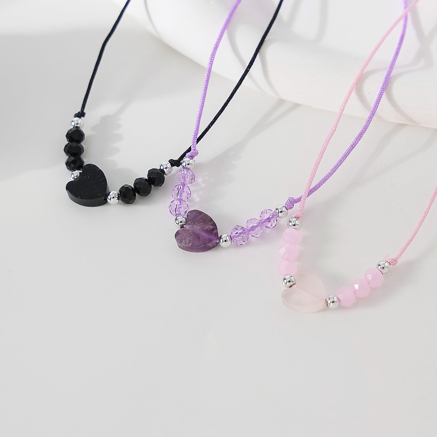 Genuine stone Heart Bead on adjustable sting bracelet with assorted beads