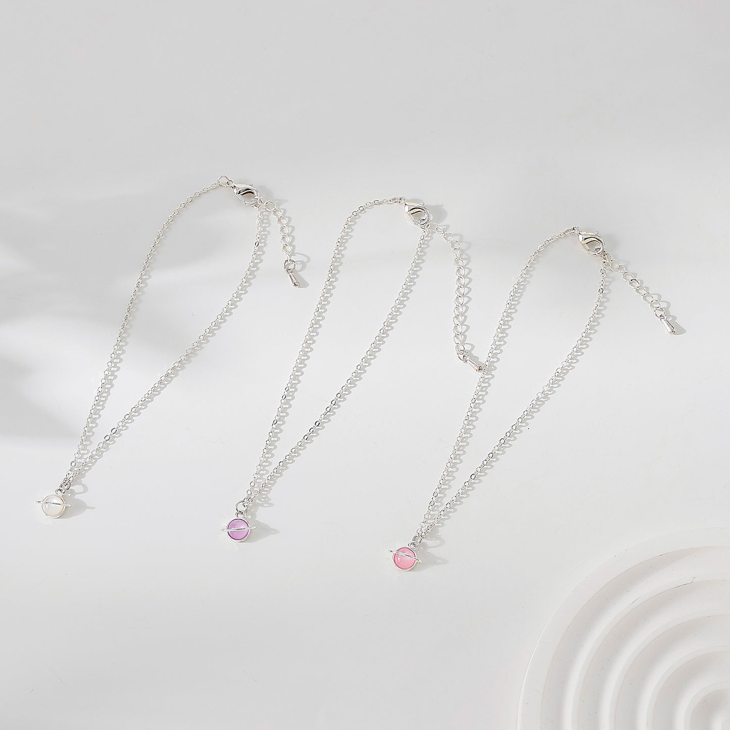 Pink/White/Purple assorted Saturn charm on silvery chain Anklet