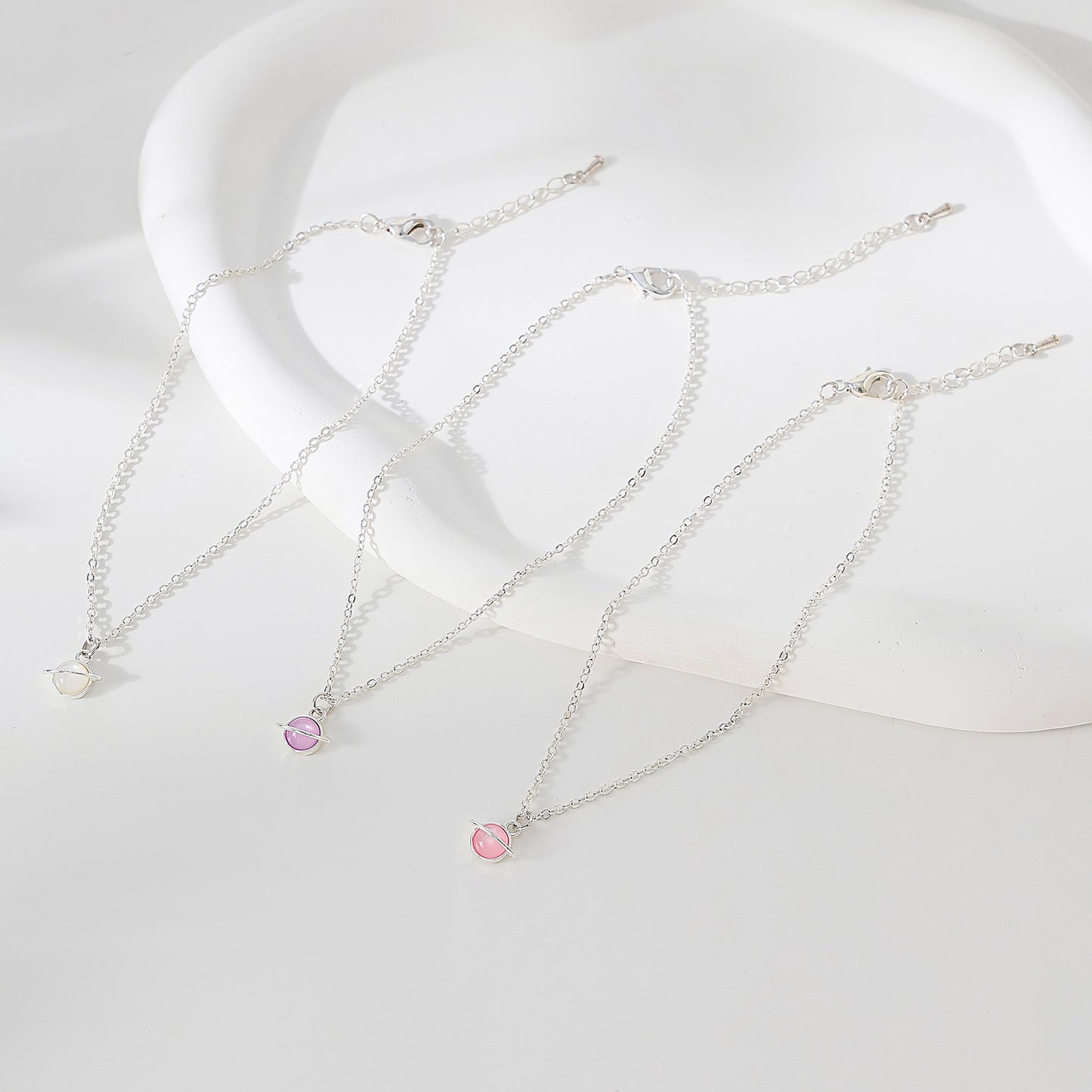 Pink/White/Purple assorted Saturn charm on silvery chain Anklet