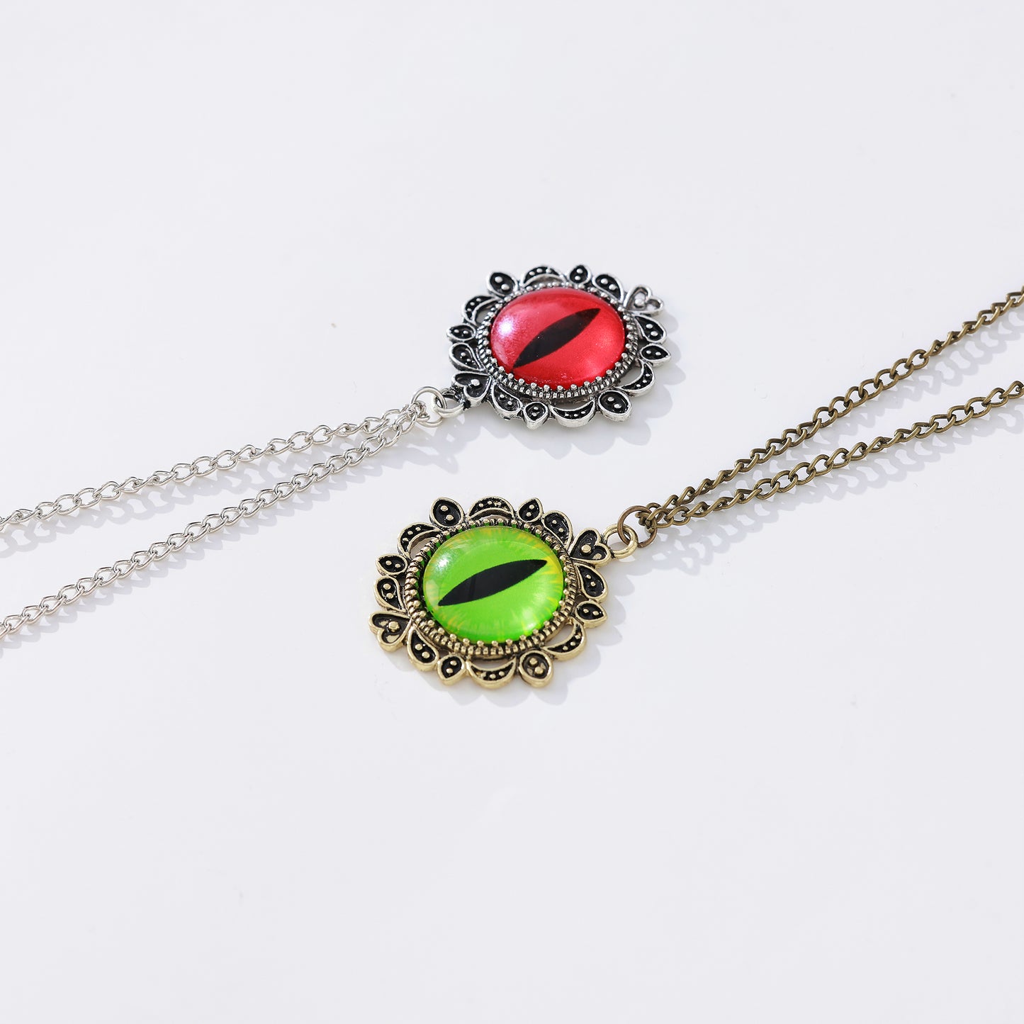 Assorted Dragon Eye Pendant Necklace – Gothic & Fantasy Jewelry | Red & Green Enamel, Antique Chains, Floral Filigree & Victorian Designs