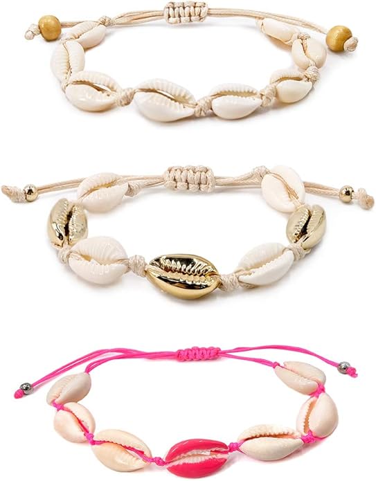 Natural Cowrie Shell Best Friends Forever(BFF) 3 Pcs Seashell Bracelet Sets, Handmade Boho White Seashell, Perfect for Beach Vacations & Gifting