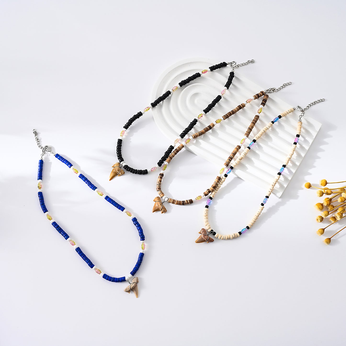 1pc Boho Beach Necklace, Shark Tooth & Iridescent Beads (Black/Brown/Blue/Cream), Colorful Accents, Unisex Summer Vacation/Beach Party/Layering Gift