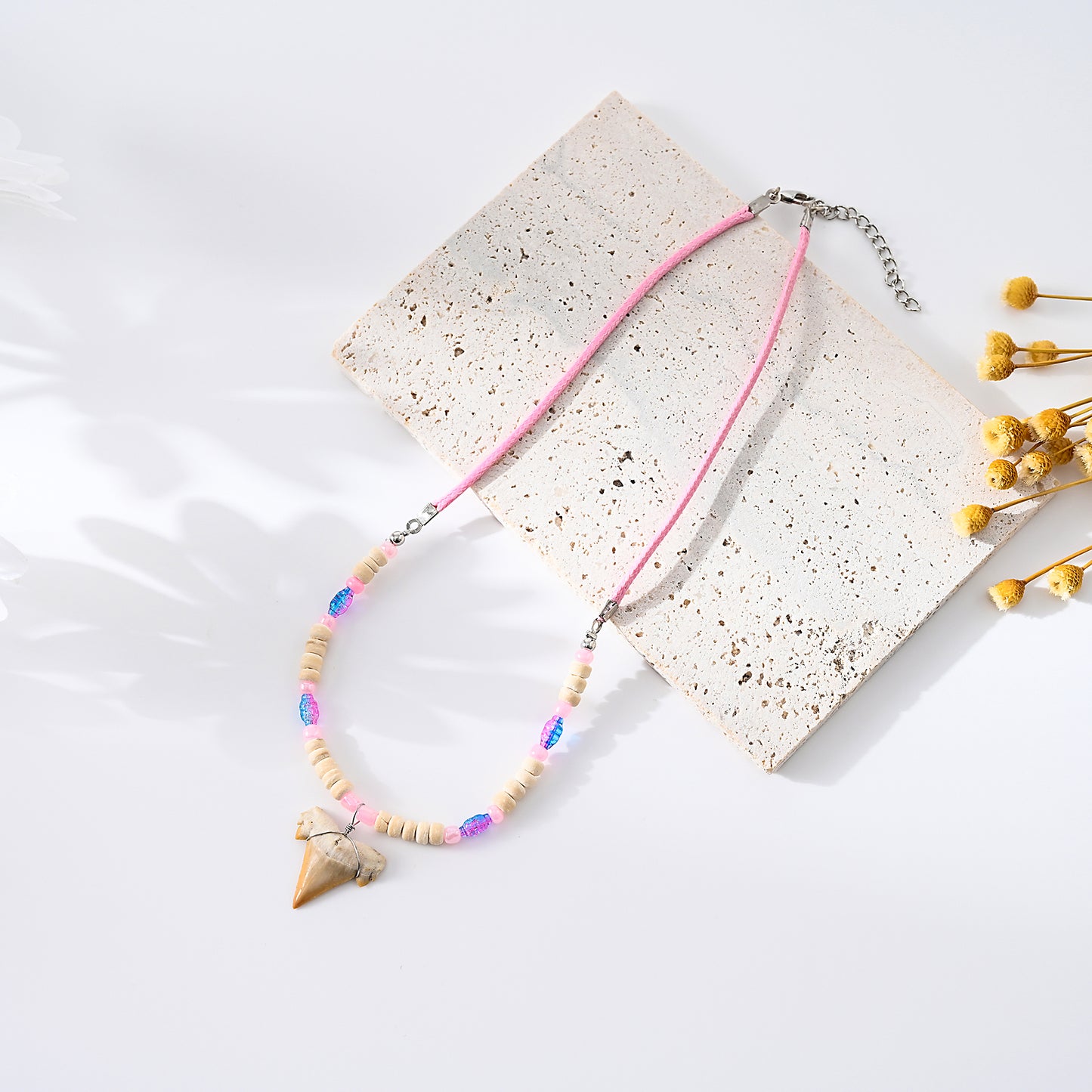 1pc Boho Beach Necklace, Real Shark Tooth & Mixed Beads (Wood/Glass/Glitter), Adjustable Cord Chain, Unisex Summer/Vacation/Beach Party Accessory