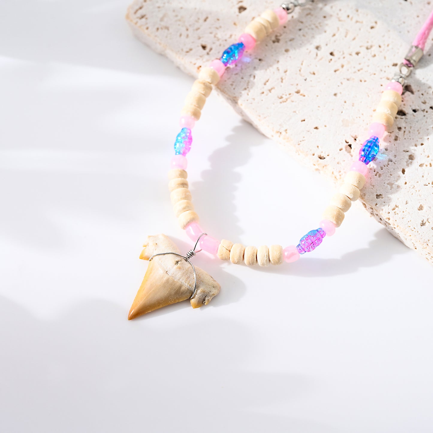 1pc Boho Beach Necklace, Real Shark Tooth & Mixed Beads (Wood/Glass/Glitter), Adjustable Cord Chain, Unisex Summer/Vacation/Beach Party Accessory