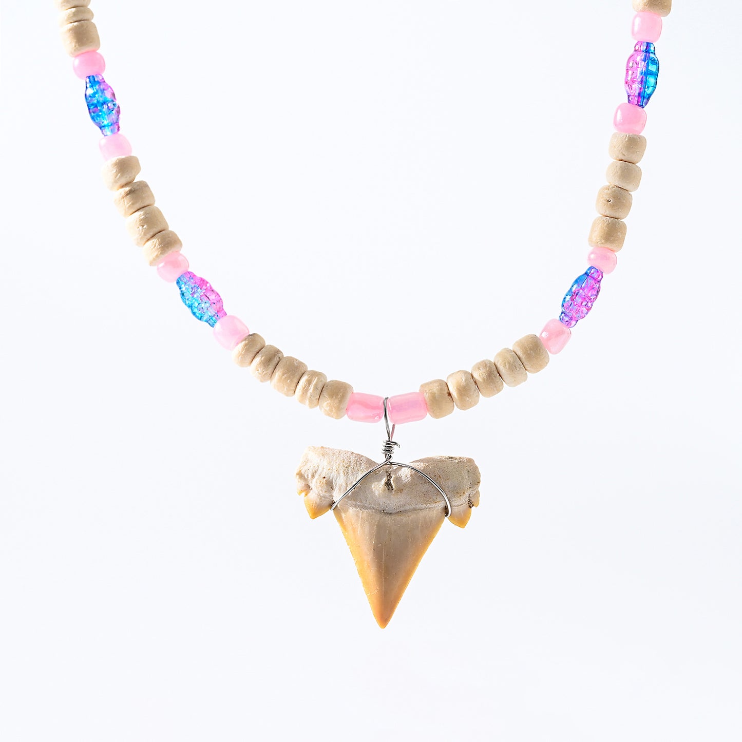 1pc Boho Beach Necklace, Real Shark Tooth & Mixed Beads (Wood/Glass/Glitter), Adjustable Cord Chain, Unisex Summer/Vacation/Beach Party Accessory
