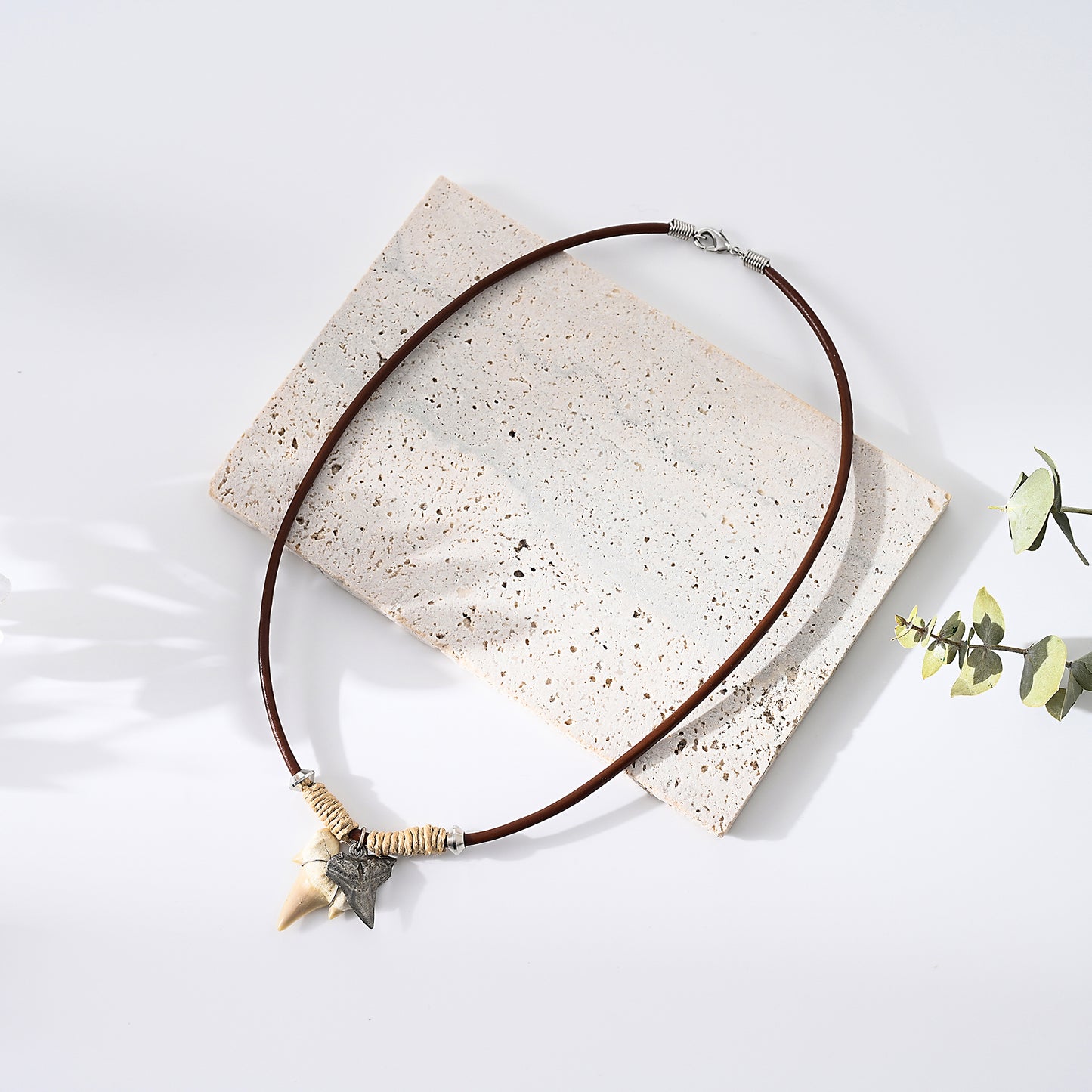 1pc Nautical Men's Necklace, Genuine Shark Tooth & Silver Star Charm, Brown Leather Cord, Summer Beach Party/Casual Gift