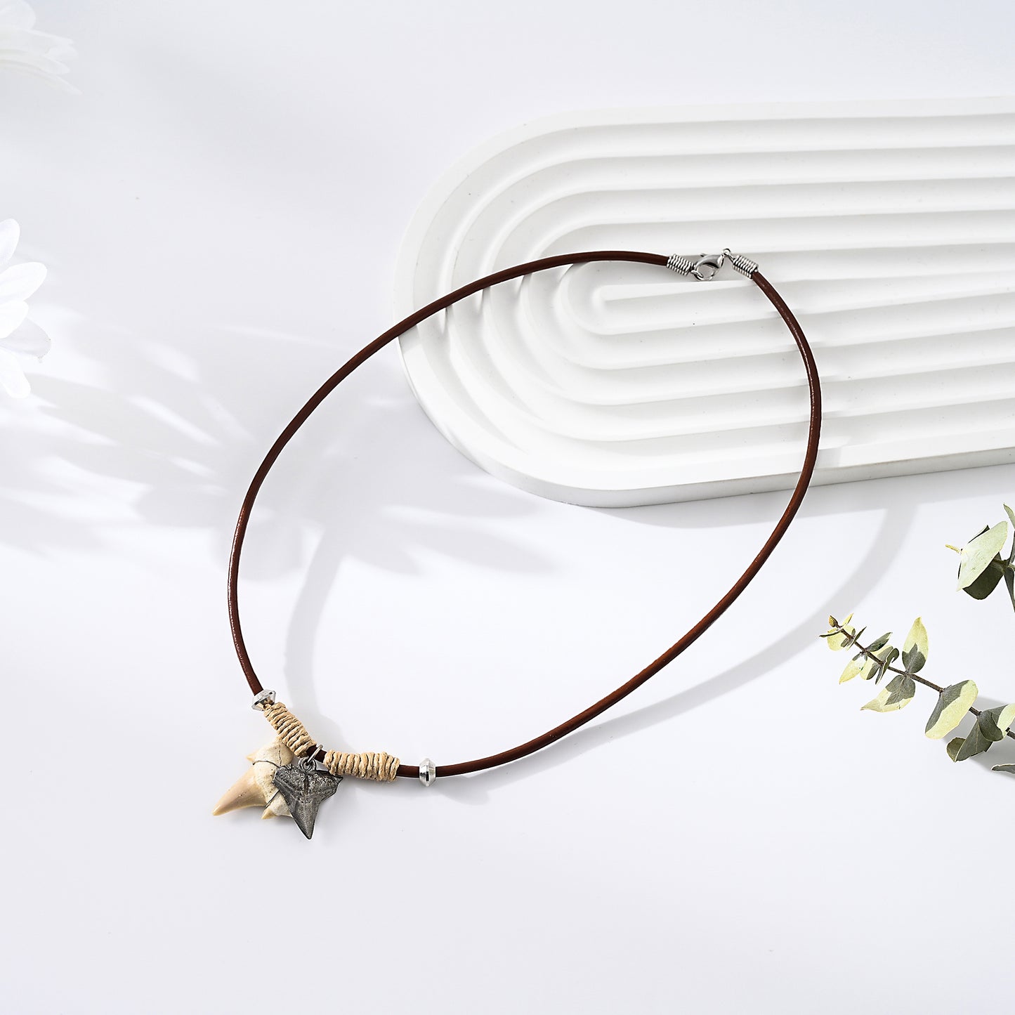 1pc Nautical Men's Necklace, Genuine Shark Tooth & Silver Star Charm, Brown Leather Cord, Summer Beach Party/Casual Gift