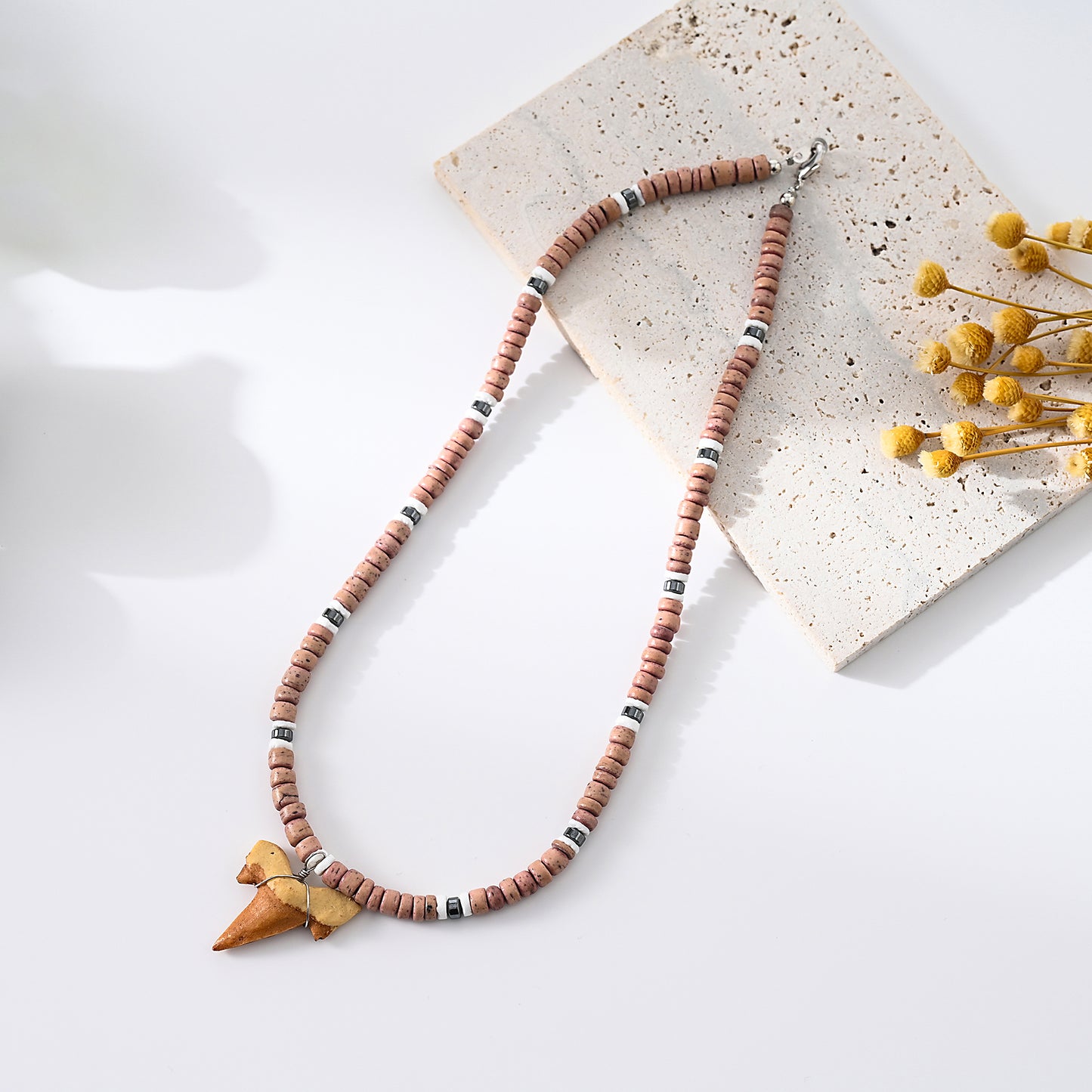 1 pc Bohemian Style Wooden Bead Necklace with Shark Tooth Pendant for Men & Women - Summer Beach Jewelry & Festival Gift