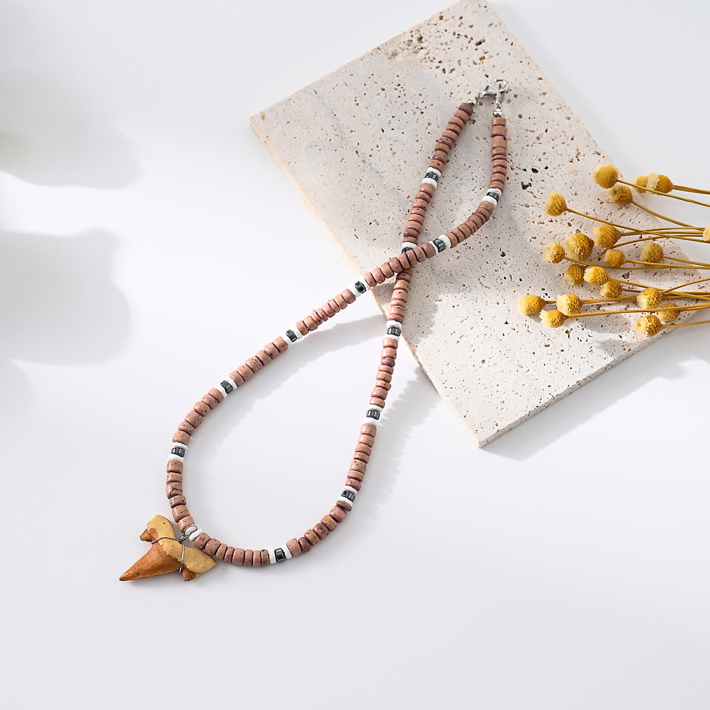 1 pc Bohemian Style Wooden Bead Necklace with Shark Tooth Pendant for Men & Women - Summer Beach Jewelry & Festival Gift