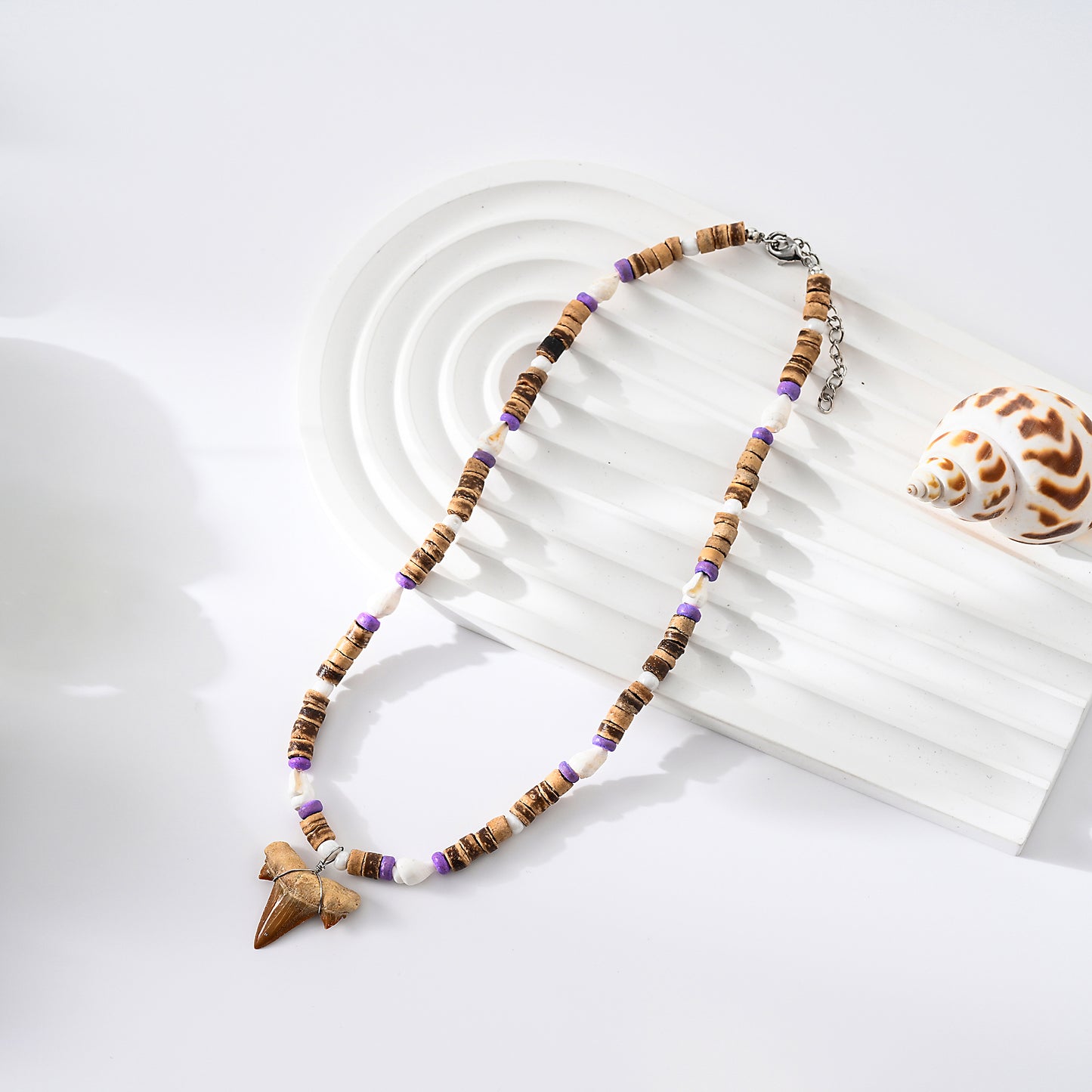 1 pc Bohemian Style Natural Shark Tooth with Assorted Beads and Shells Pendant Necklace for Women and Men - Ideal for Beach Trips and Casual Wear