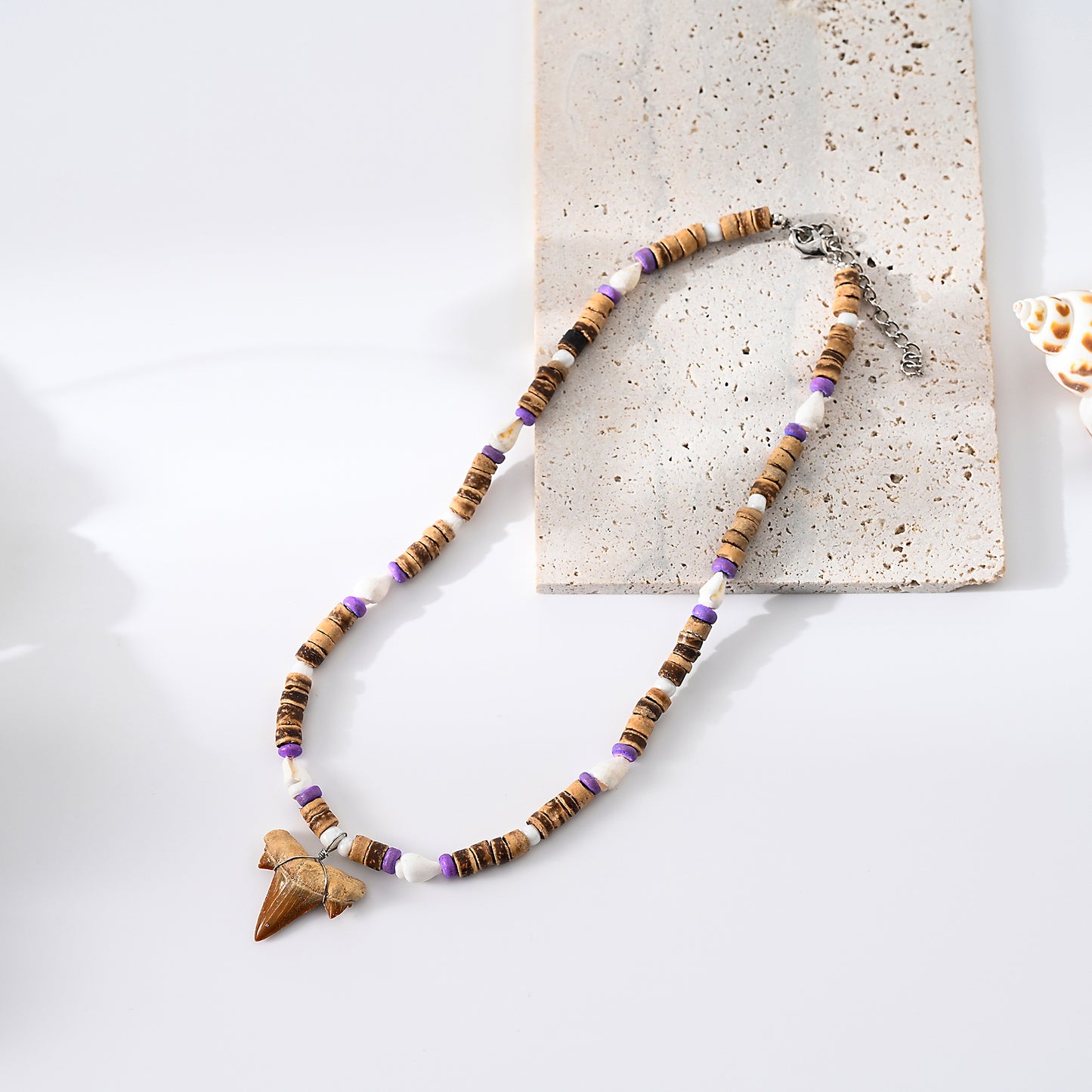 1 pc Bohemian Style Natural Shark Tooth with Assorted Beads and Shells Pendant Necklace for Women and Men - Ideal for Beach Trips and Casual Wear