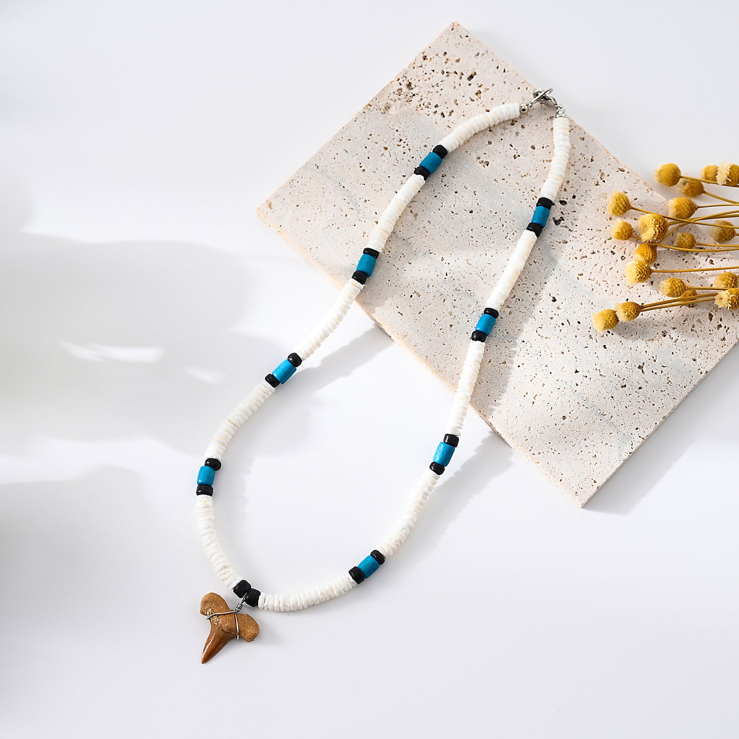 1pc Unisex Bohemian Style Shark Tooth Necklace with White Shell & Blue/Black Beads - Coastal Beach Jewelry for Summer Vacation/Beach Party Gift