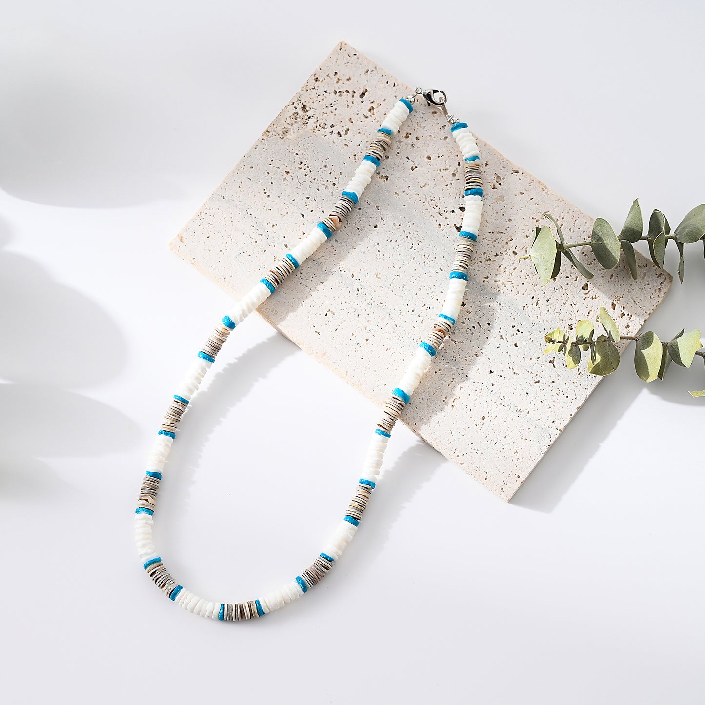 1pc Boho Beach Necklace, Natural White/Grey Shell & Turquoise Beads, Hand-Strung Adjustable Cord, Unisex Summer Vacation/Beach Party Gift