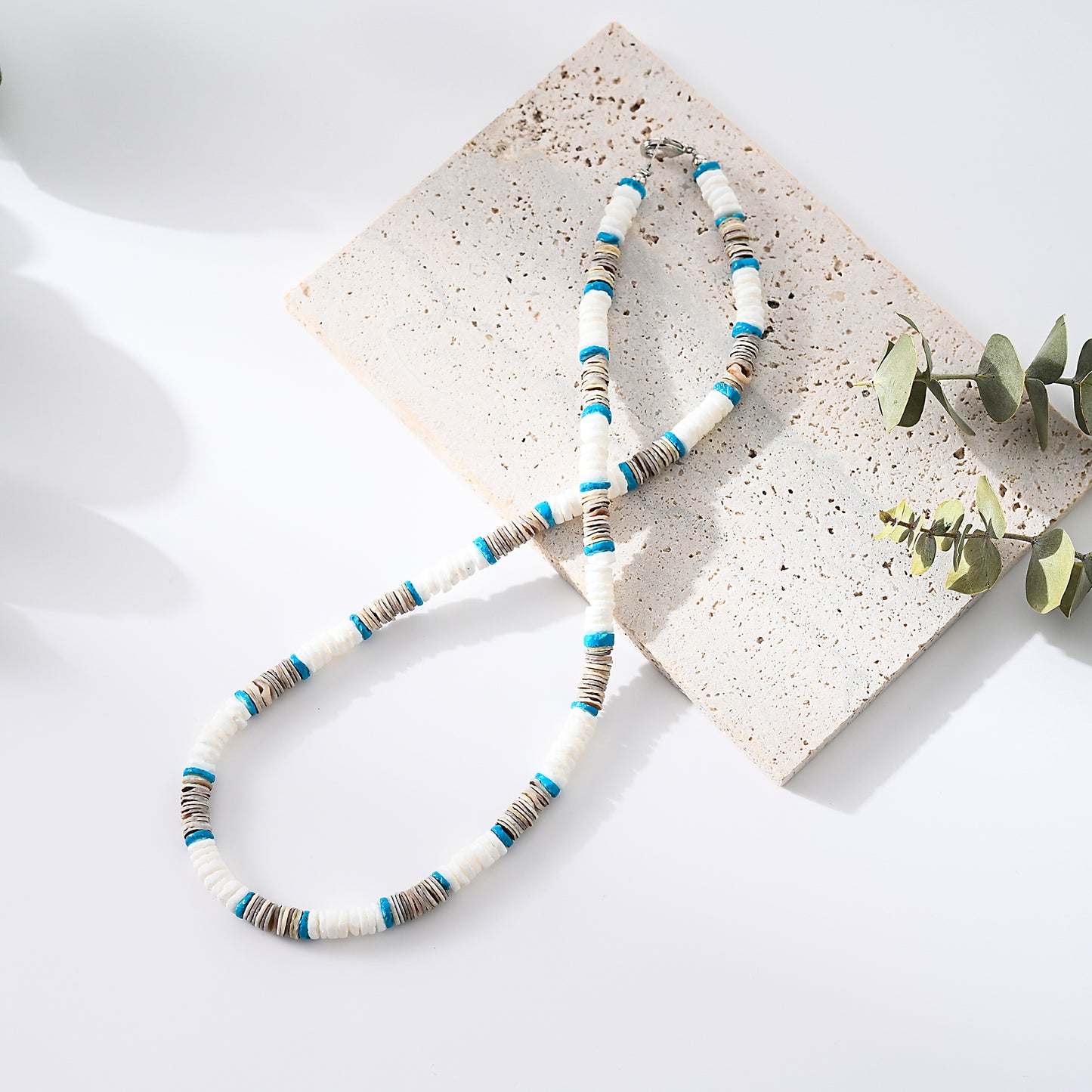 1pc Boho Beach Necklace, Natural White/Grey Shell & Turquoise Beads, Hand-Strung Adjustable Cord, Unisex Summer Vacation/Beach Party Gift