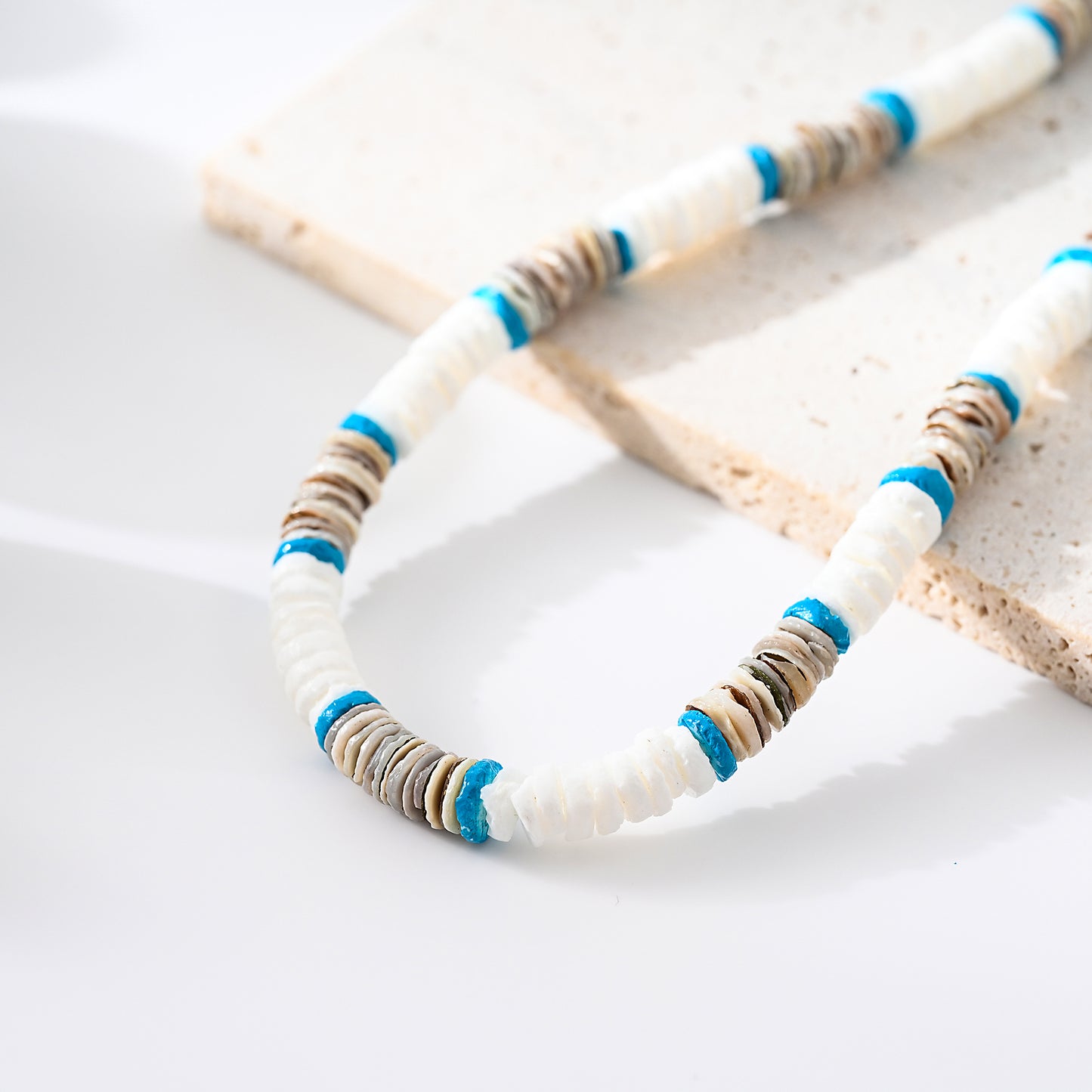 1pc Boho Beach Necklace, Natural White/Grey Shell & Turquoise Beads, Hand-Strung Adjustable Cord, Unisex Summer Vacation/Beach Party Gift