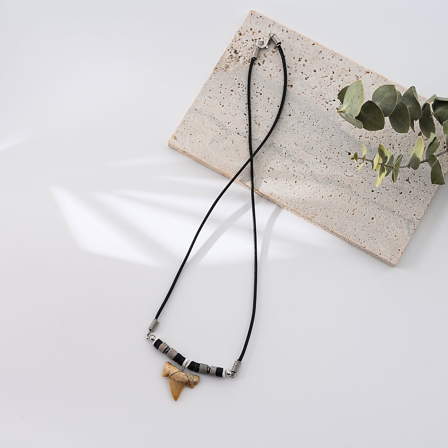 1pc Men's Adventure Style Necklace, Real Shark Tooth & Mixed Beads, Black Cord Chain, Everyday/Outdoor/Casual Gift Accessory