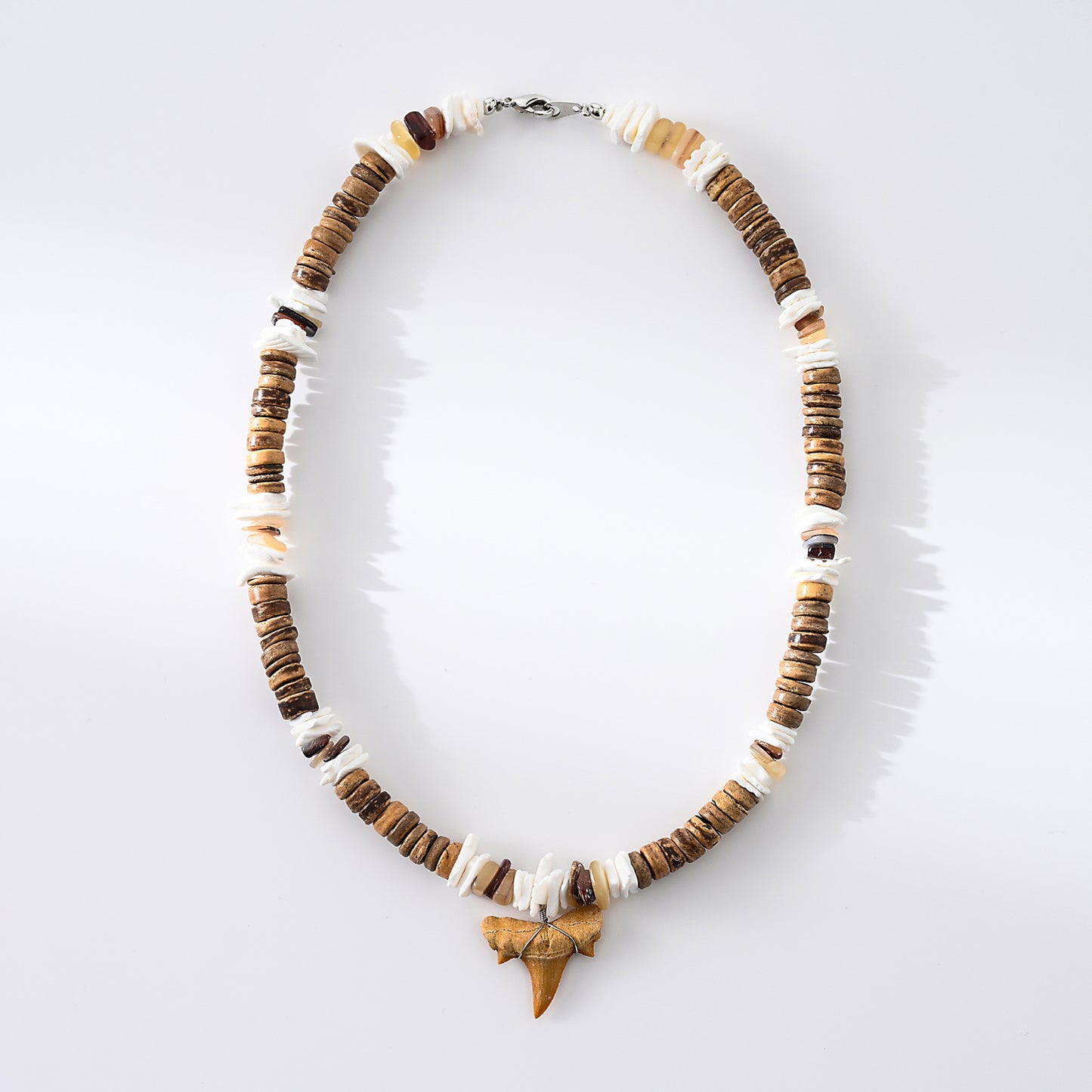 1pc Men's Bohemian Style Natural Shark Tooth & Wooden/Shell Beads Necklace, Beach Adventure Jewelry for Summer/Father's Day Gift