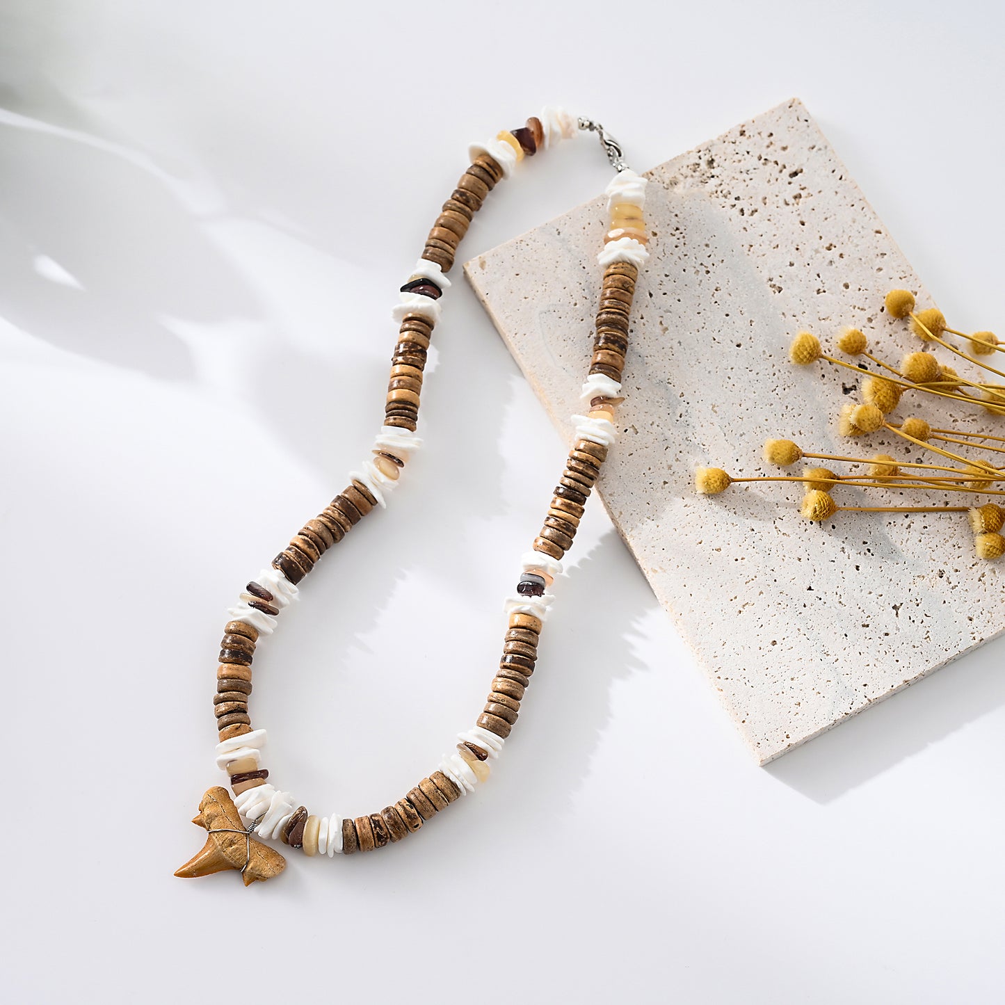 1pc Men's Bohemian Style Natural Shark Tooth & Wooden/Shell Beads Necklace, Beach Adventure Jewelry for Summer/Father's Day Gift