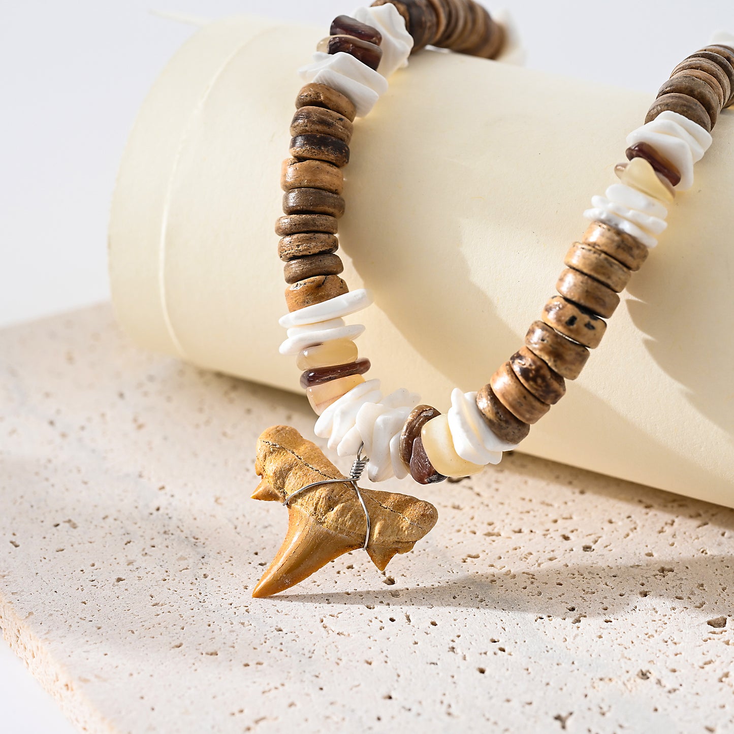 1pc Men's Bohemian Style Natural Shark Tooth & Wooden/Shell Beads Necklace, Beach Adventure Jewelry for Summer/Father's Day Gift