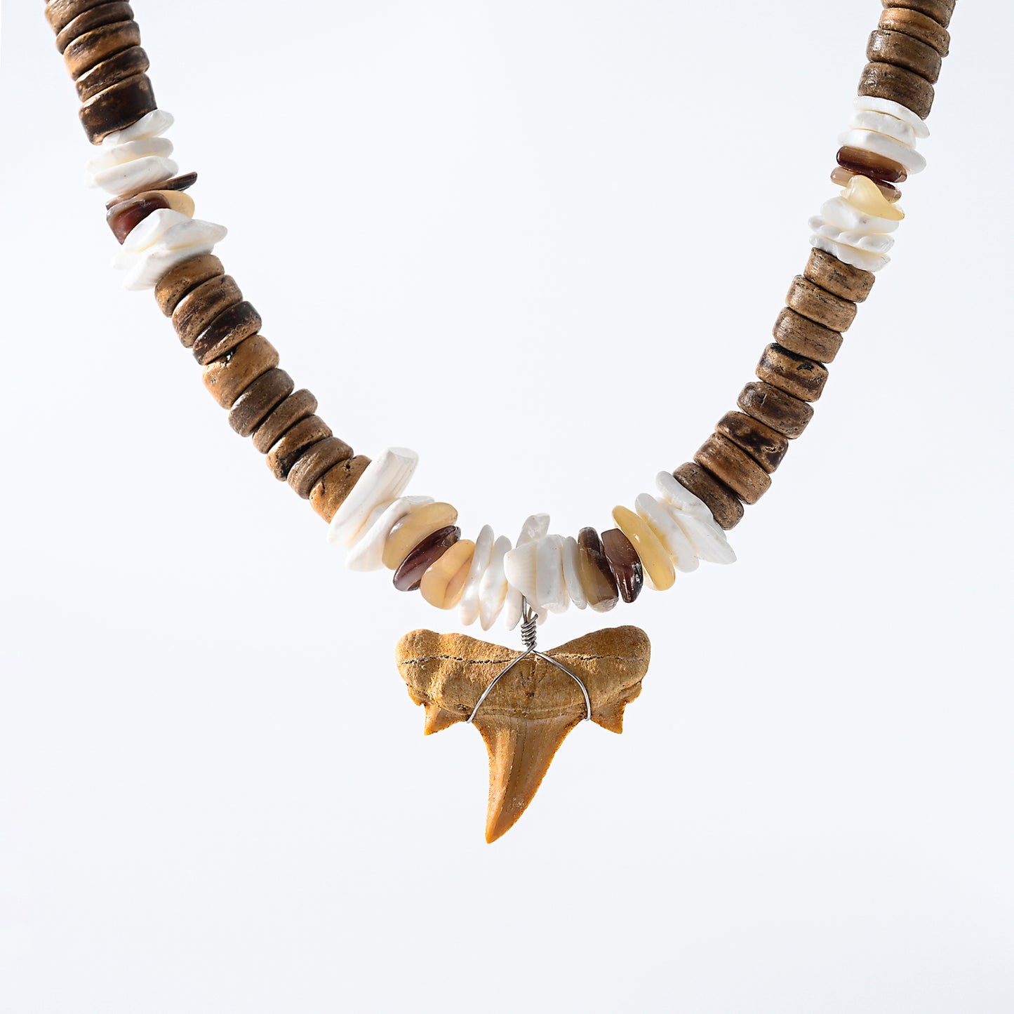 1pc Men's Bohemian Style Natural Shark Tooth & Wooden/Shell Beads Necklace, Beach Adventure Jewelry for Summer/Father's Day Gift