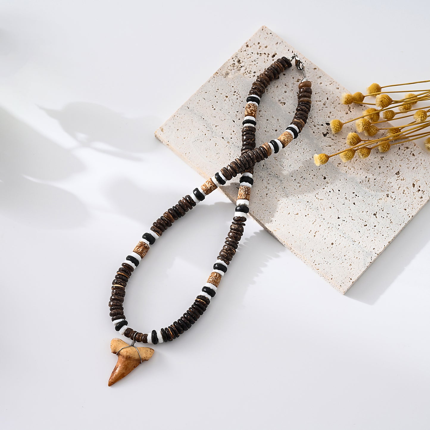 1pc Faux Shark Tooth & Natural Coco Combo Beads (Black/White/Brown), Silver Accents, Unisex Summer Vacation/Beach Party/Casual Gift
