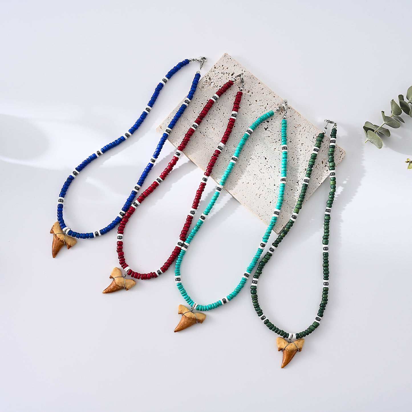 1pc Boho Beach Necklace, Faux Shark Tooth & Colorful Beads (Blue/Red/Green/Turquoise), Silver Accents, Unisex Summer Vacation/Pool Party/Festival Accessory