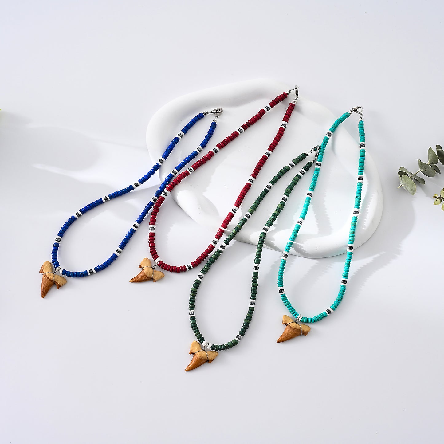 1pc Boho Beach Necklace, Faux Shark Tooth & Colorful Beads (Blue/Red/Green/Turquoise), Silver Accents, Unisex Summer Vacation/Pool Party/Festival Accessory
