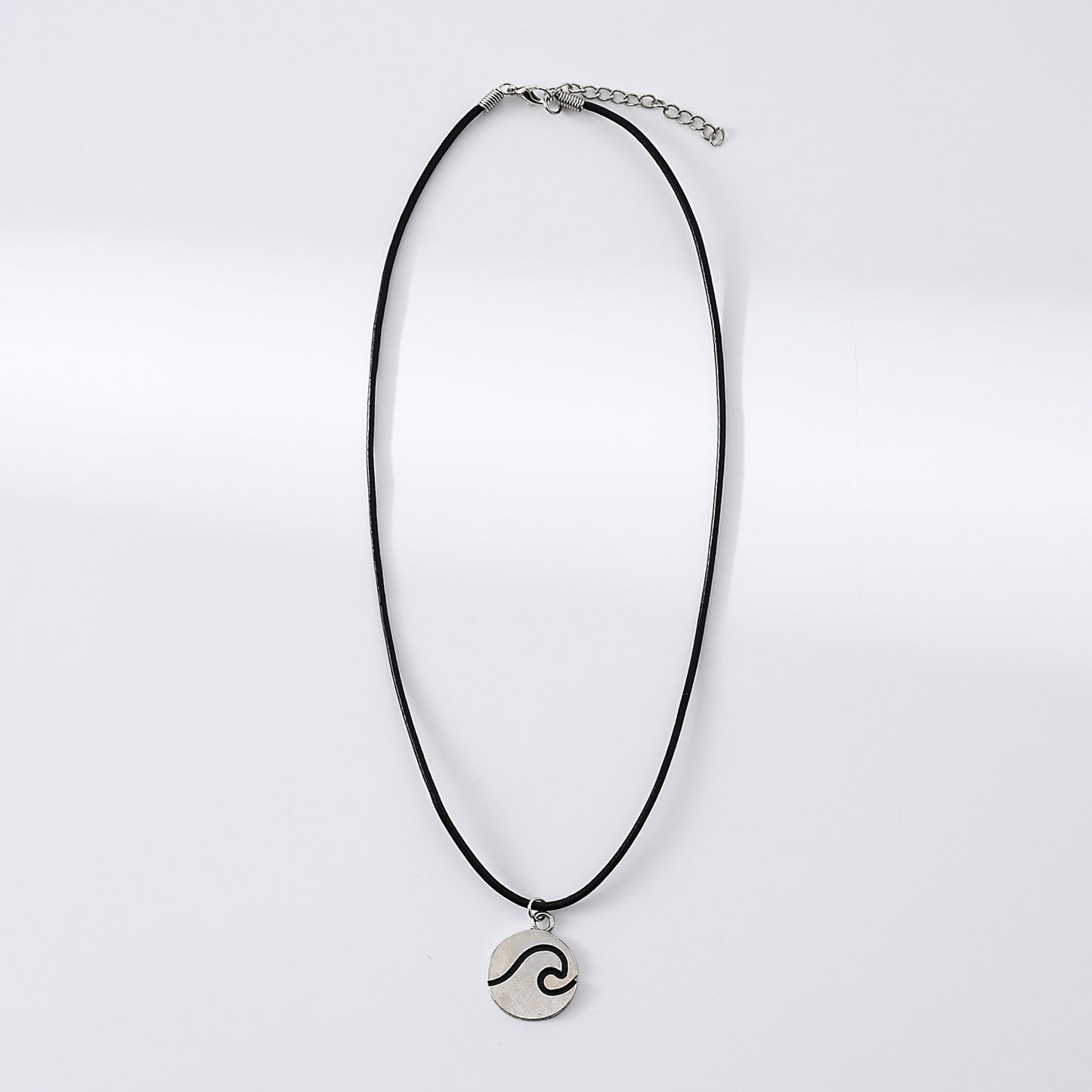 1pc Minimalist Wave Necklace, Silver Antiqued Disk Pendant with Black Wavy Inlay, Black Cord, Unisex Everyday Wear/Date Night/Casual Gift