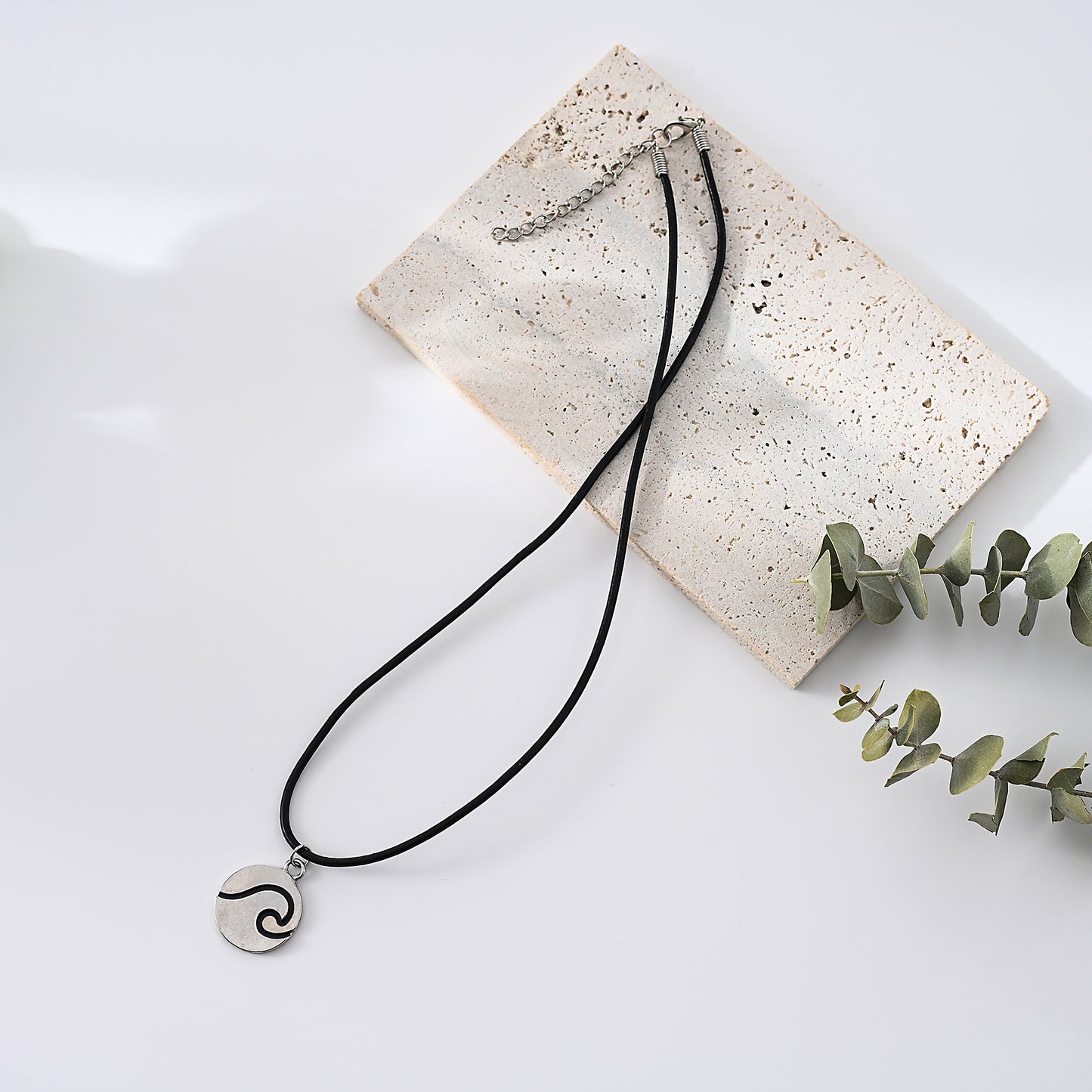 1pc Minimalist Wave Necklace, Silver Antiqued Disk Pendant with Black Wavy Inlay, Black Cord, Unisex Everyday Wear/Date Night/Casual Gift