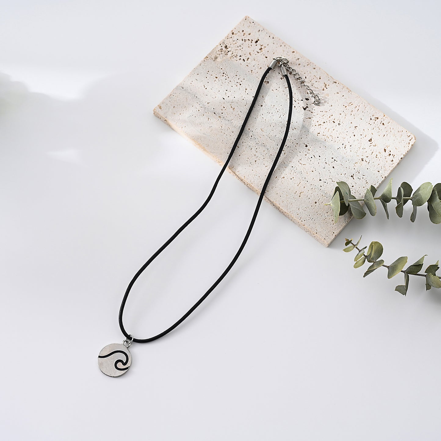 1pc Minimalist Wave Necklace, Silver Antiqued Disk Pendant with Black Wavy Inlay, Black Cord, Unisex Everyday Wear/Date Night/Casual Gift