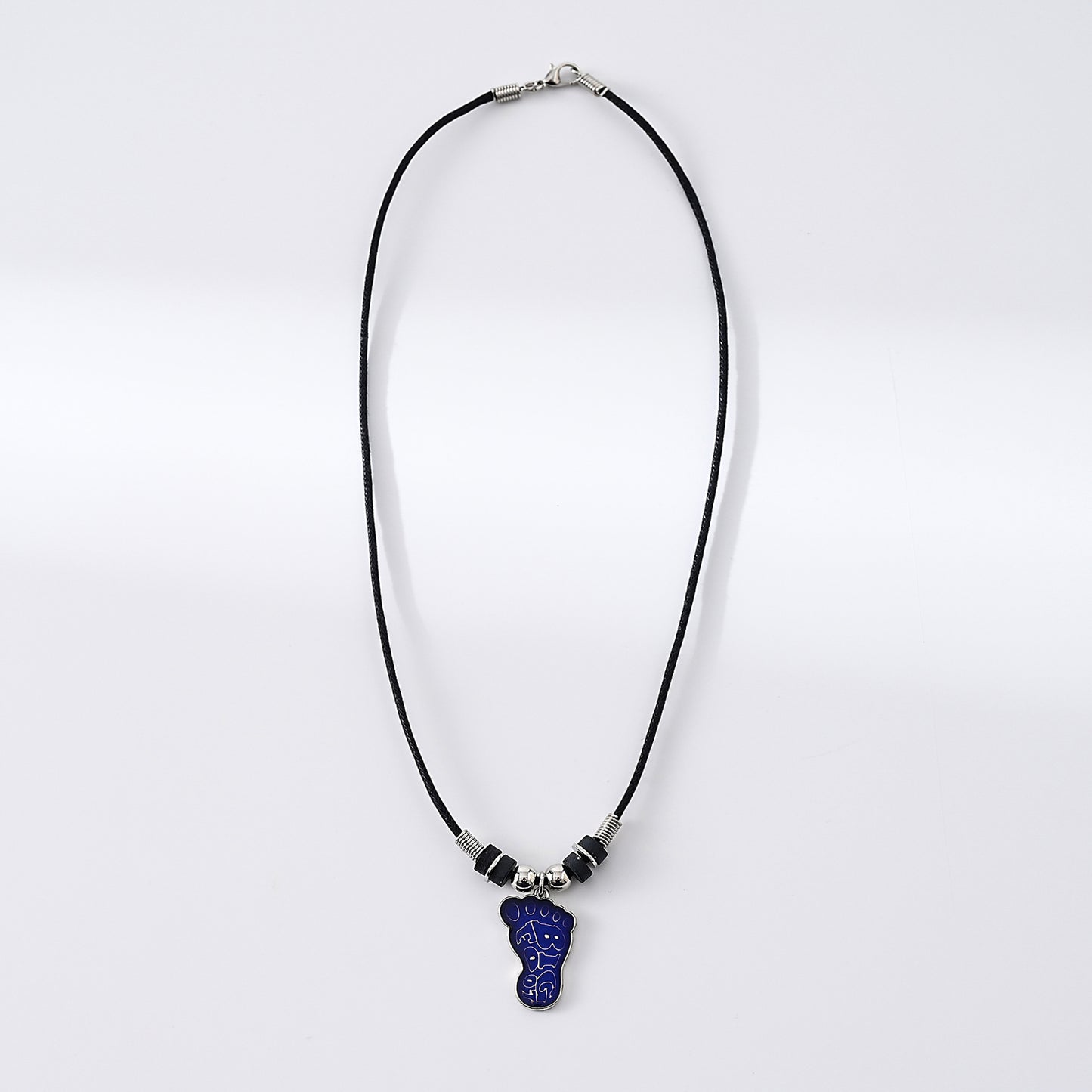 1pc Mood Foot Print with the words Big Foot inside Necklace Street Style Pendant Necklace, Black Rope Chain with Blue Footprint Pendant, Silver Beads, Unisex Gift for Music Lovers/Festivals/Casual Wear