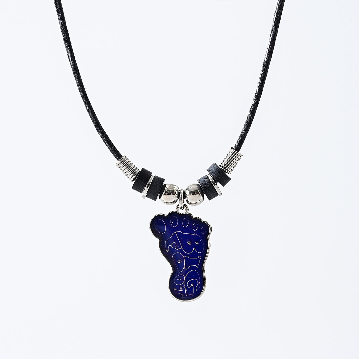 1pc Mood Foot Print with the words Big Foot inside Necklace Street Style Pendant Necklace, Black Rope Chain with Blue Footprint Pendant, Silver Beads, Unisex Gift for Music Lovers/Festivals/Casual Wear