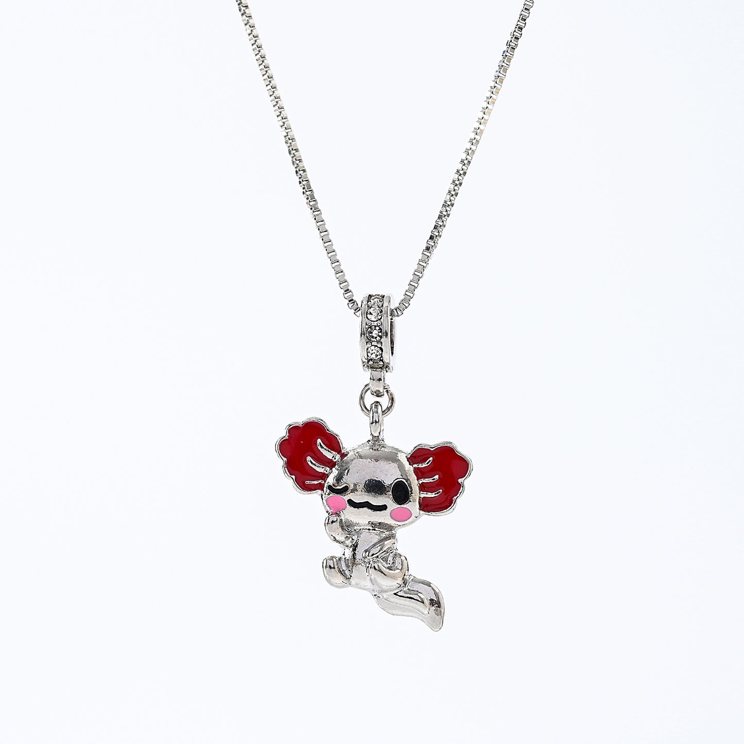 1pc Kawaii Boho Necklace Silver Axolotl Pendants with Pink&Red Ears and Crystal Accents, Square/Box Chains, Women's Everyday Wear/Date Night/Casual Gift