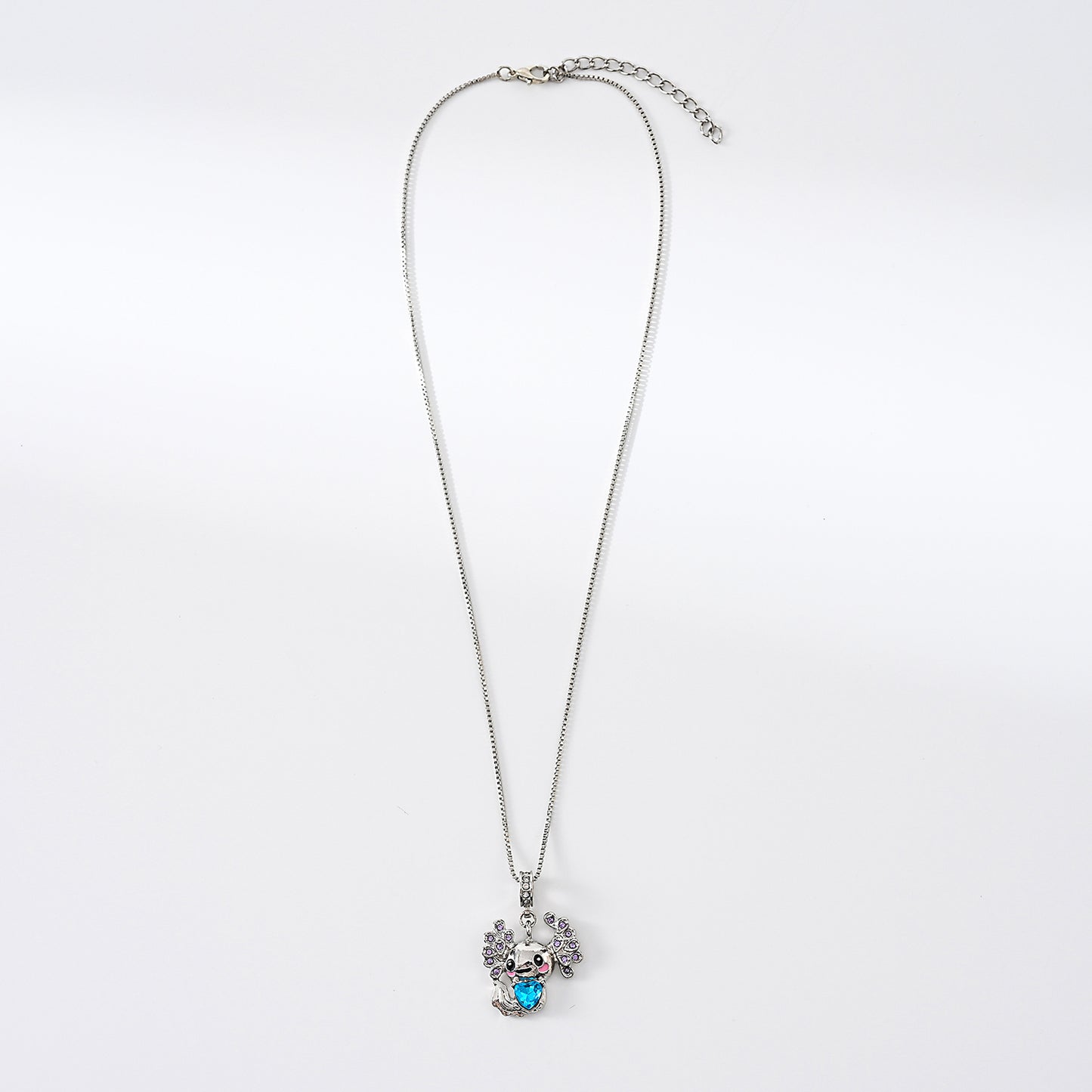 1pc Kawaii Boho Necklace, Silver Axolotl Pendant with Pink Cheeks & Blue Crystal Body, Purple Gem Wing Accents, Women's Everyday Wear/Date Night/Christmas Gift