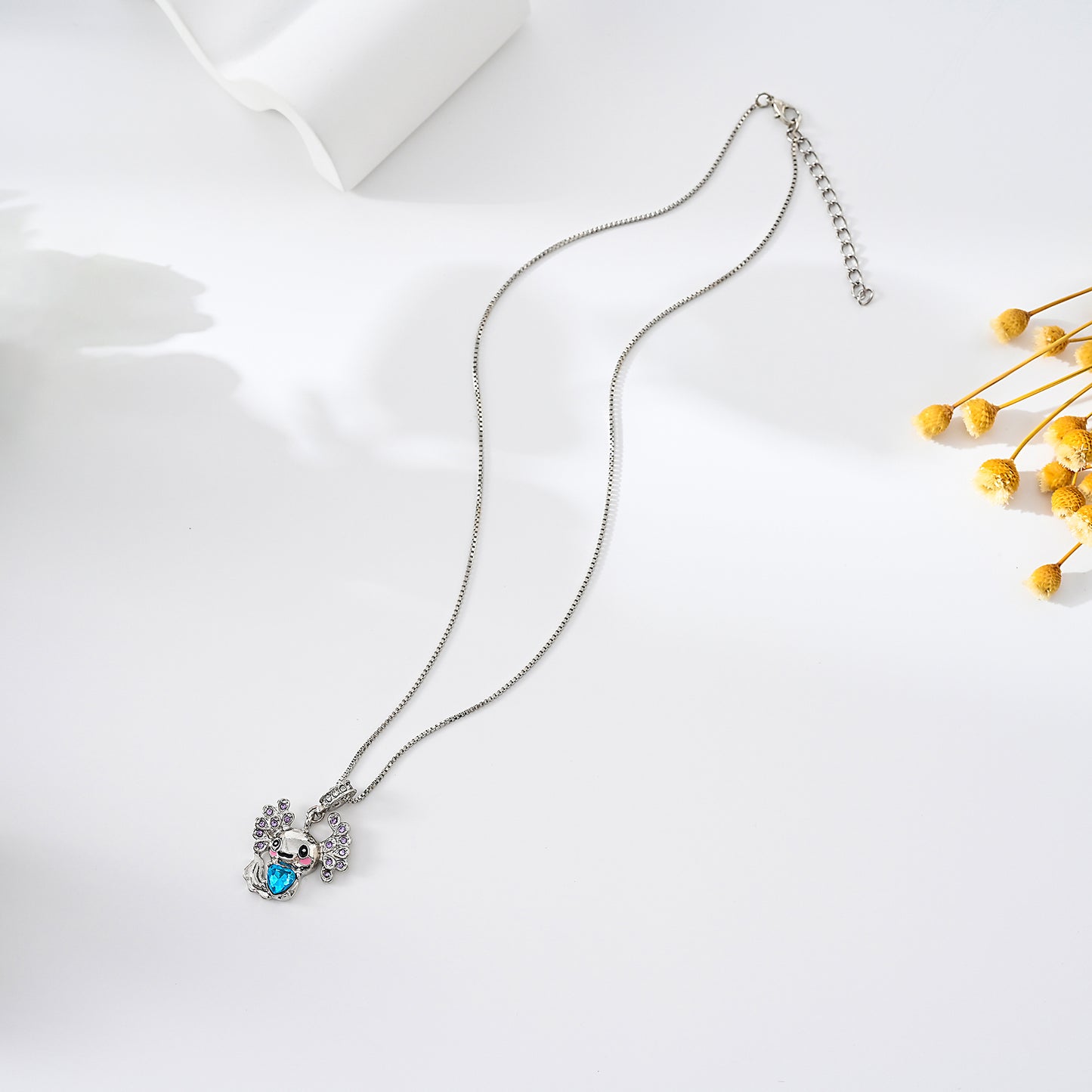 1pc Kawaii Boho Necklace, Silver Axolotl Pendant with Pink Cheeks & Blue Crystal Body, Purple Gem Wing Accents, Women's Everyday Wear/Date Night/Christmas Gift