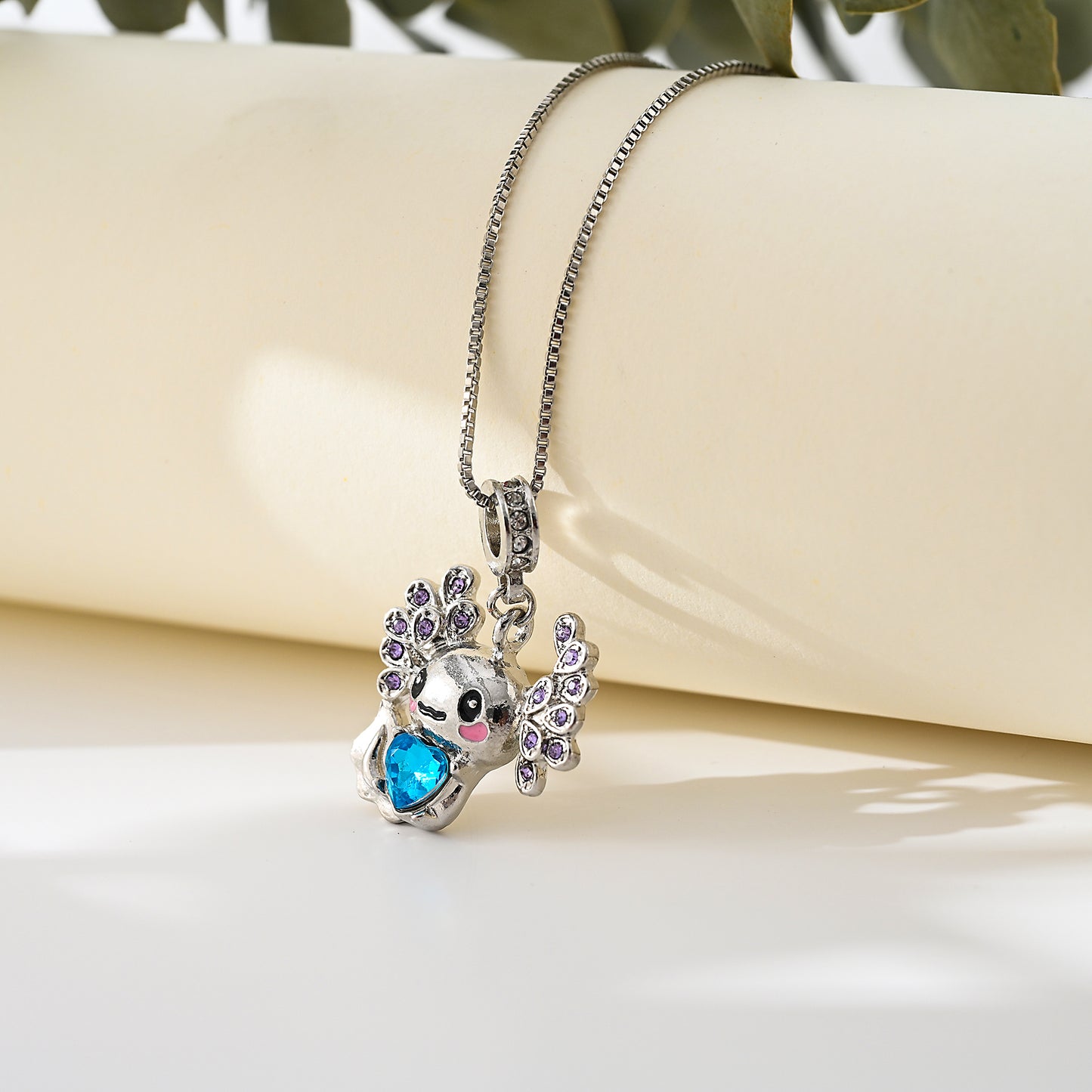 1pc Kawaii Boho Necklace, Silver Axolotl Pendant with Pink Cheeks & Blue Crystal Body, Purple Gem Wing Accents, Women's Everyday Wear/Date Night/Christmas Gift