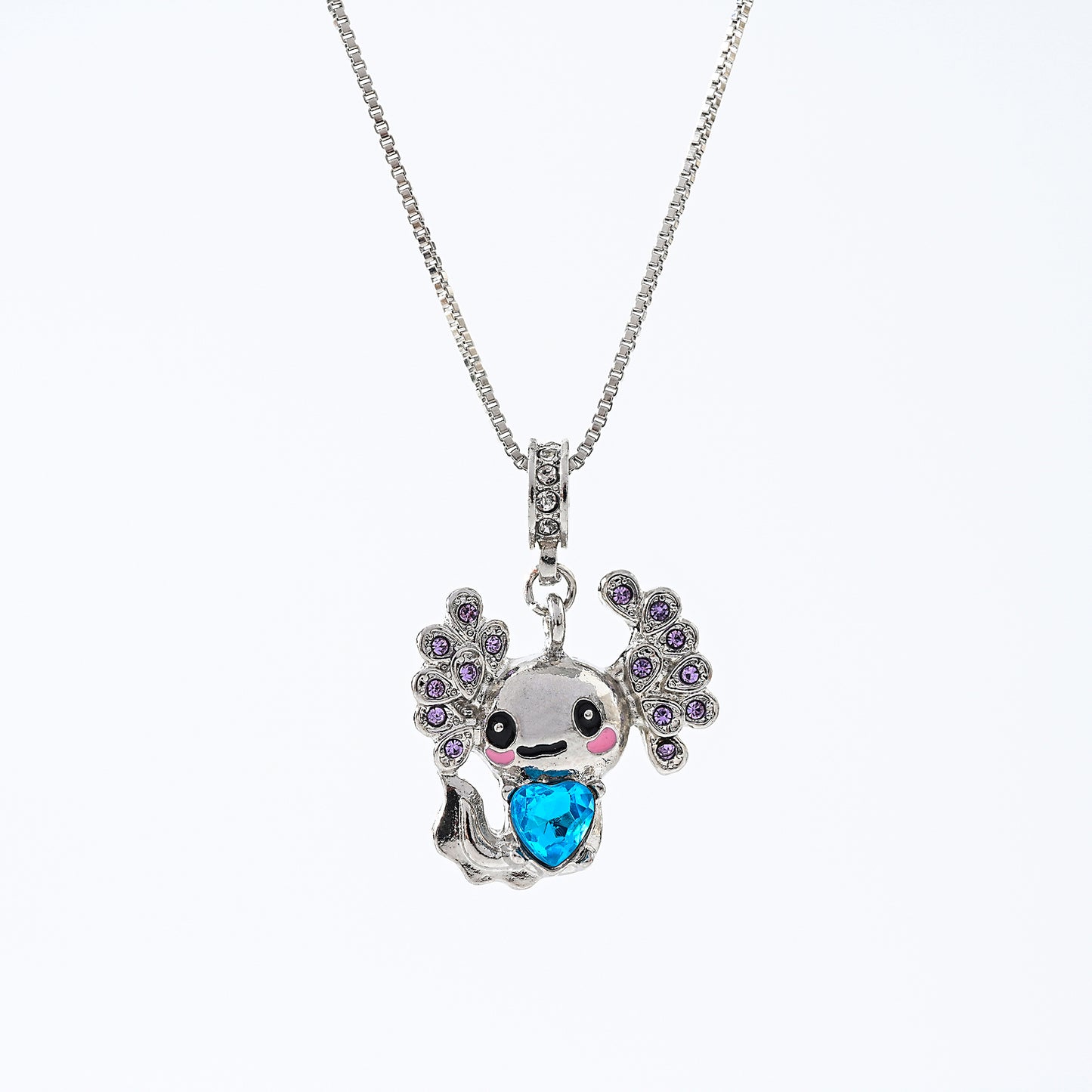 1pc Kawaii Boho Necklace, Silver Axolotl Pendant with Pink Cheeks & Blue Crystal Body, Purple Gem Wing Accents, Women's Everyday Wear/Date Night/Christmas Gift