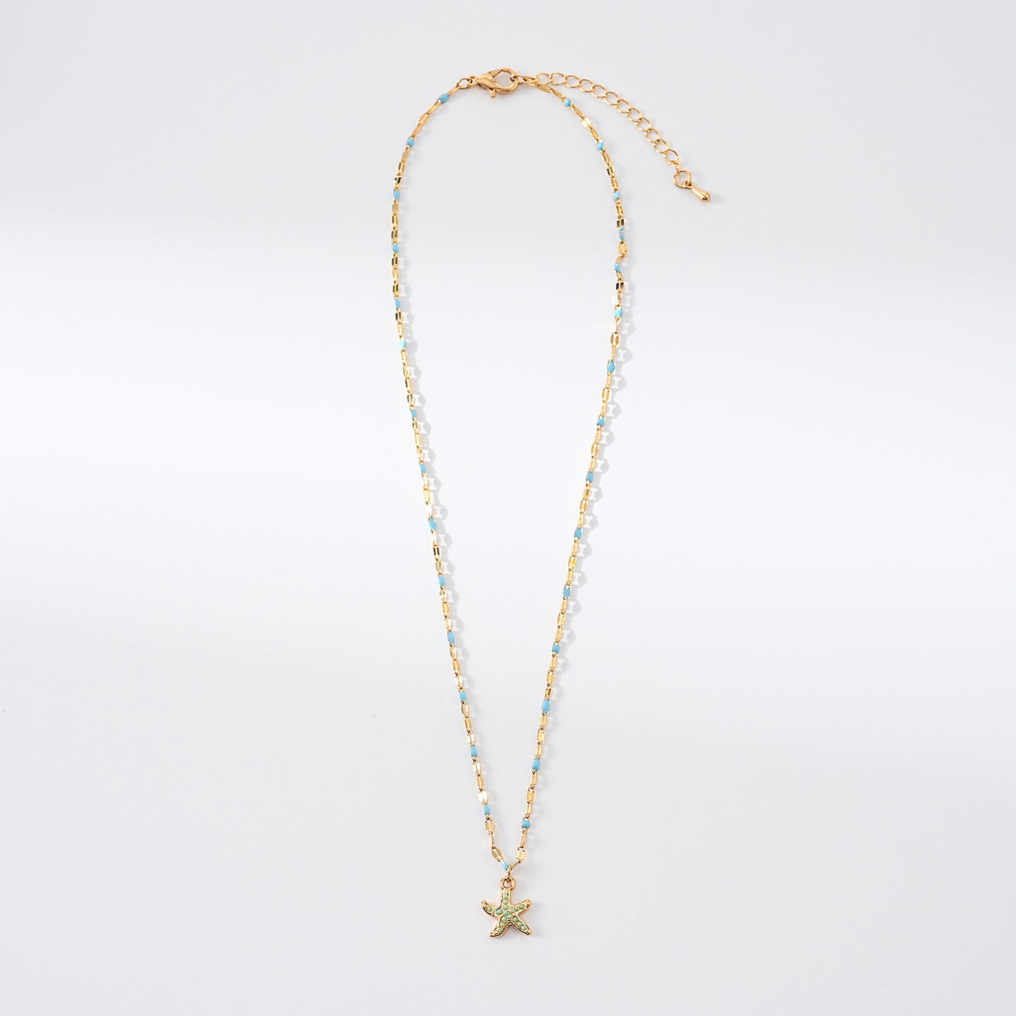 1pc Boho Coastal Necklace, Gold Beaded Chain with Crystal Starfish Pendant, Green/Blue Accents, Women's Summer Vacation/Beach Party/Casual Gift