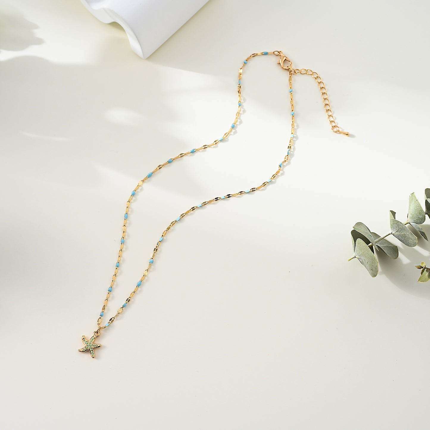1pc Boho Coastal Necklace, Gold Beaded Chain with Crystal Starfish Pendant, Green/Blue Accents, Women's Summer Vacation/Beach Party/Casual Gift