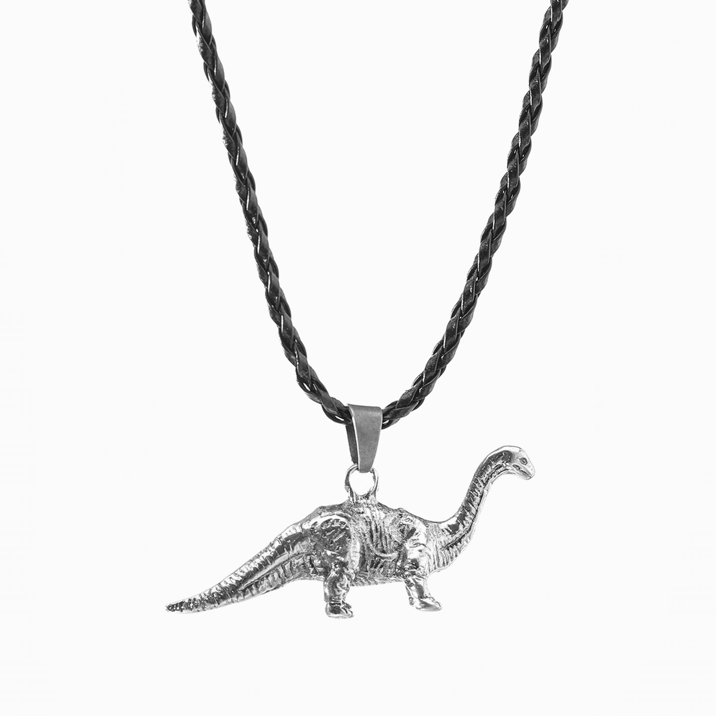Long Neck Dinosaur Pendant Necklace – Gold-Tone & Pewter Finish, Retro Jurassic Charm on Black Woven & Waxed Cotton Cords, Unique Jewelry for Men & Women