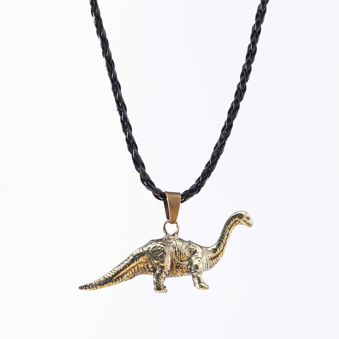 Long Neck Dinosaur Pendant Necklace – Gold-Tone & Pewter Finish, Retro Jurassic Charm on Black Woven & Waxed Cotton Cords, Unique Jewelry for Men & Women