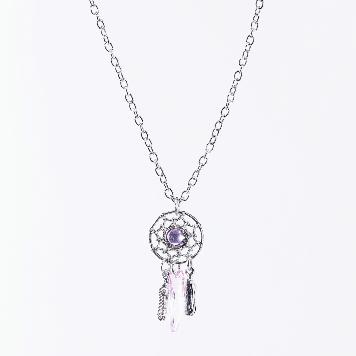 Assorted Stone Dreamcatcher Necklace – Gemstones with Iridescent Crystals & Feather Charms in Sterling Silver Chains